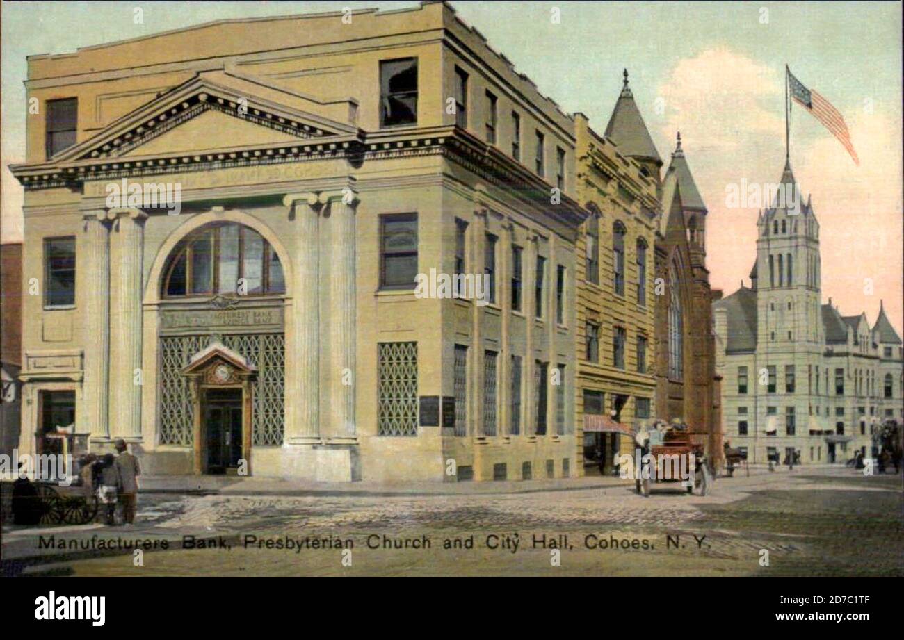 Produttori Banca, Chiesa presbiteriana e Municipio, Cohoes, NY - cartolina, circa 1920 Foto Stock