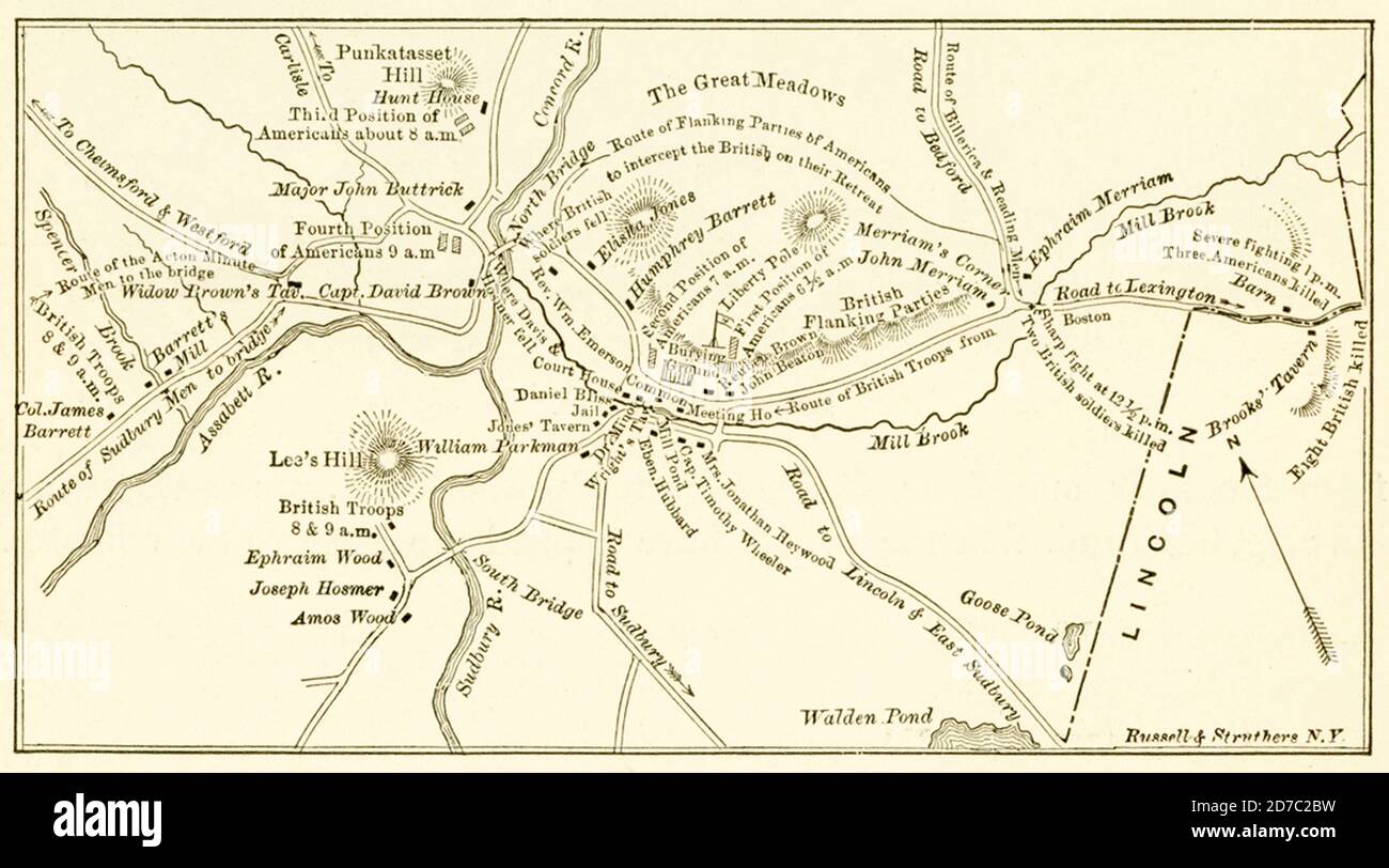 Mappa che illustra la lotta di Concord. Le battaglie di Lexington e Concord furono i primi impegni militari della Guerra d'indipendenza americana, combattute il 19 aprile 1775 nella Contea di Middlesex, nella provincia di Massachusetts Bay, nelle città di Lexington, Concord, Lincoln, Menotomy (attuale Arlington) e Cambridge. Segnarono lo scoppio di un conflitto armato tra il Regno di Gran Bretagna e le sue tredici colonie in America. Foto Stock
