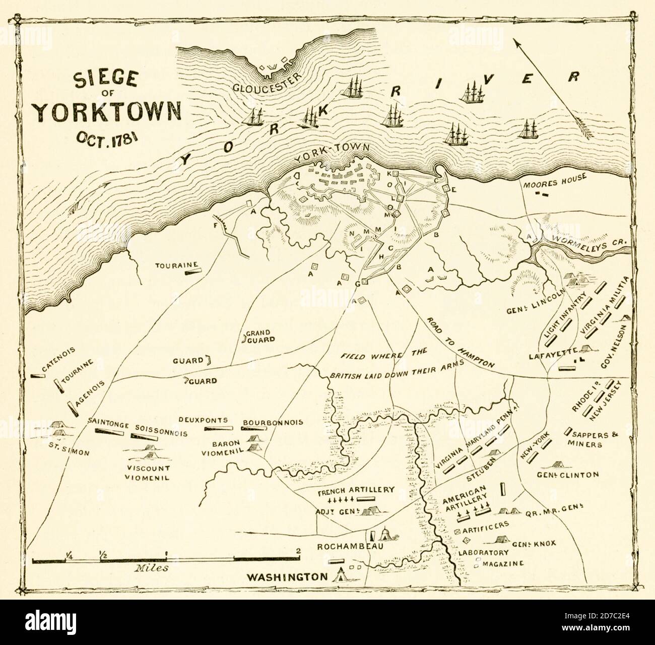 Assedio di Yorktown ottobre 1781. L'assedio di Yorktown (conosciuto anche come la battaglia di Yorktown, la resa a Yorktown, o la battaglia tedesca) terminò il 19 ottobre 1781, a Yorktown, Virginia. Fu una vittoria decisiva da parte di una forza combinata di truppe dell'esercito continentale americano guidate dal generale George Washington e dalle truppe dell'esercito francese guidate dal conte de Rochambeau su un esercito britannico comandato dal parente britannico Charles Cornwallis. Foto Stock