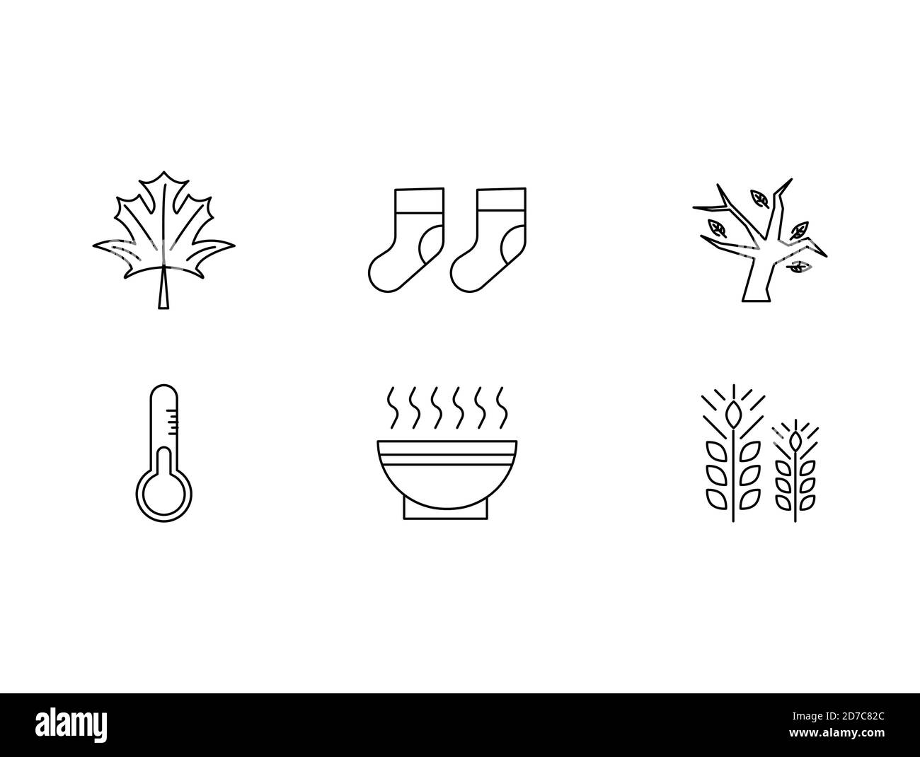 Set di icone autunnali di foglie, calze, alberi, basse temperature, zuppa calda e zuppa di pesche Illustrazione Vettoriale