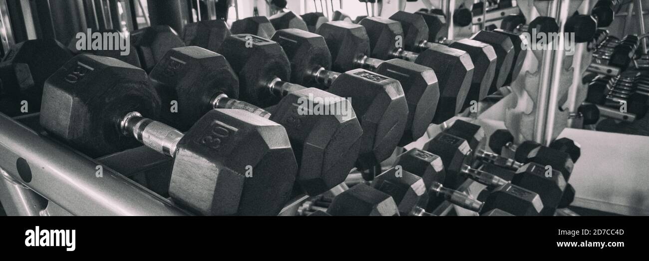 Fitness gym Health club room closeup di pesanti manubri gratuiti pesi sfondo panoramica banner Foto Stock