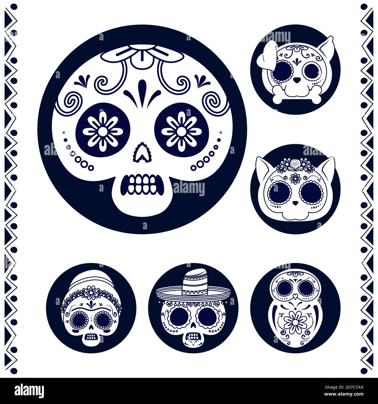 teste messicane teschi imposta icone stile linea disegno vettoriale illustrazione Illustrazione Vettoriale