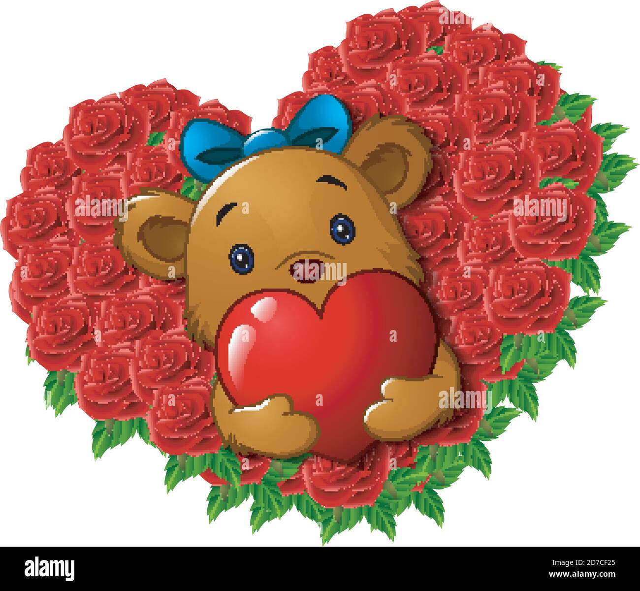 Illustrazione vettoriale dell'orso carino che tiene il cuore rosso dentro rose fiore forma cuore Illustrazione Vettoriale