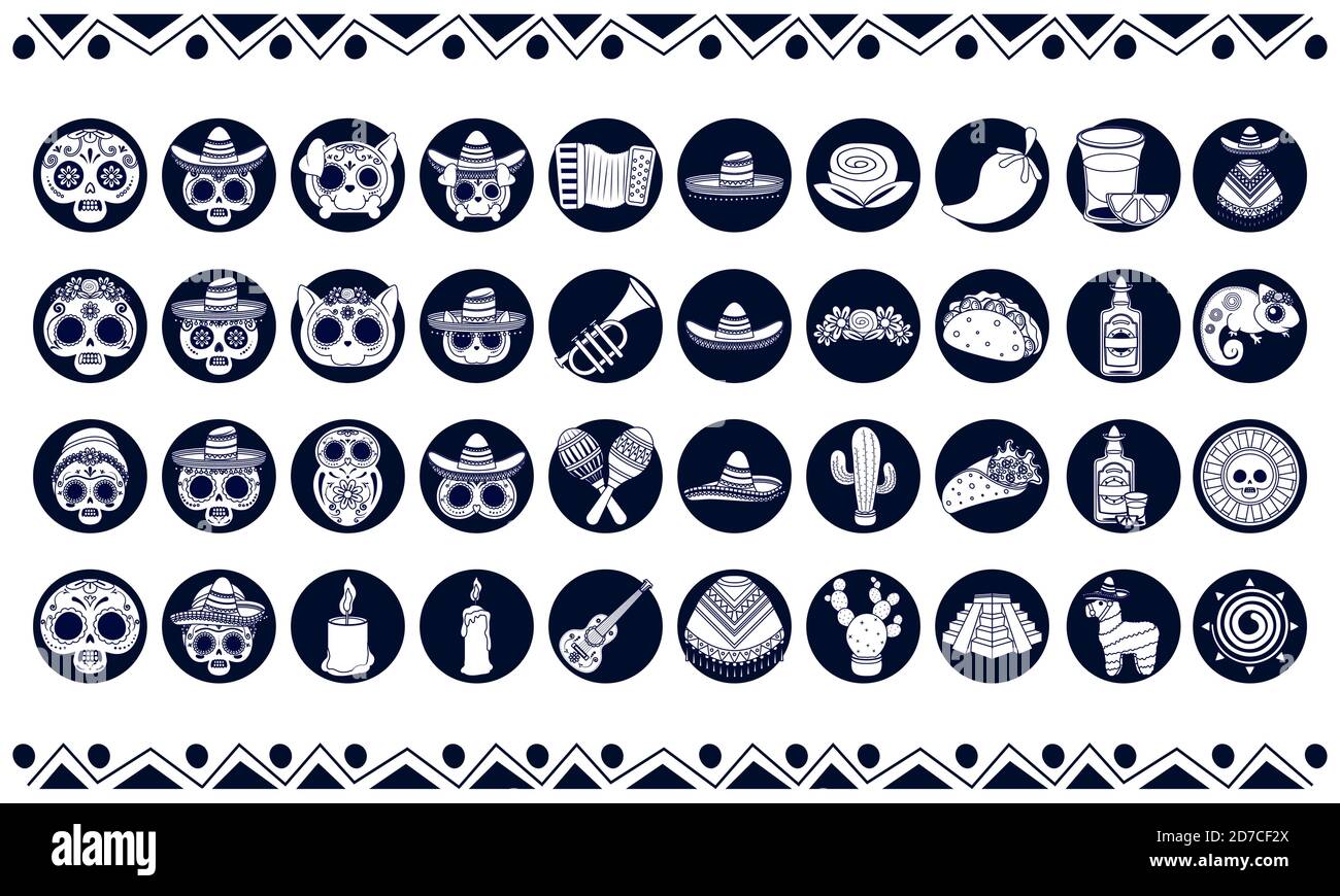 pacchetto di quaranta icone messicane insieme di etnicità disegno vettoriale Illustrazione Vettoriale