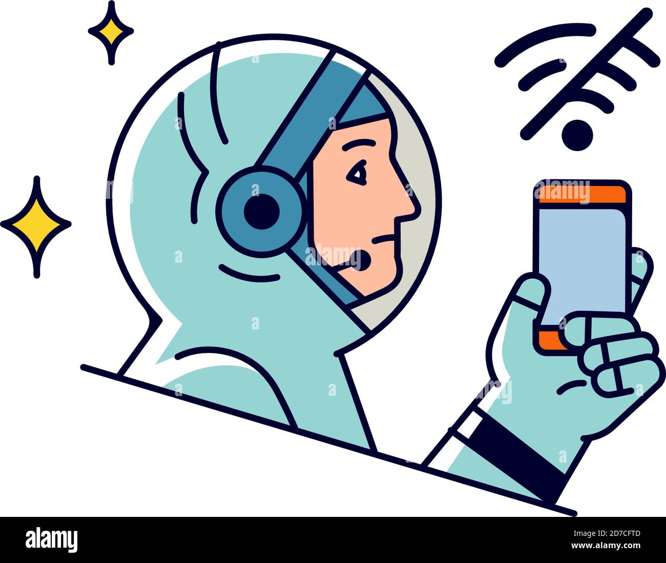 Astronauta con telefono cellulare. Vettore. Icona astronauta con smartphone. Ricerca su Internet e wi-fi. Divieto o permesso di comunicare. Contorno fl Illustrazione Vettoriale