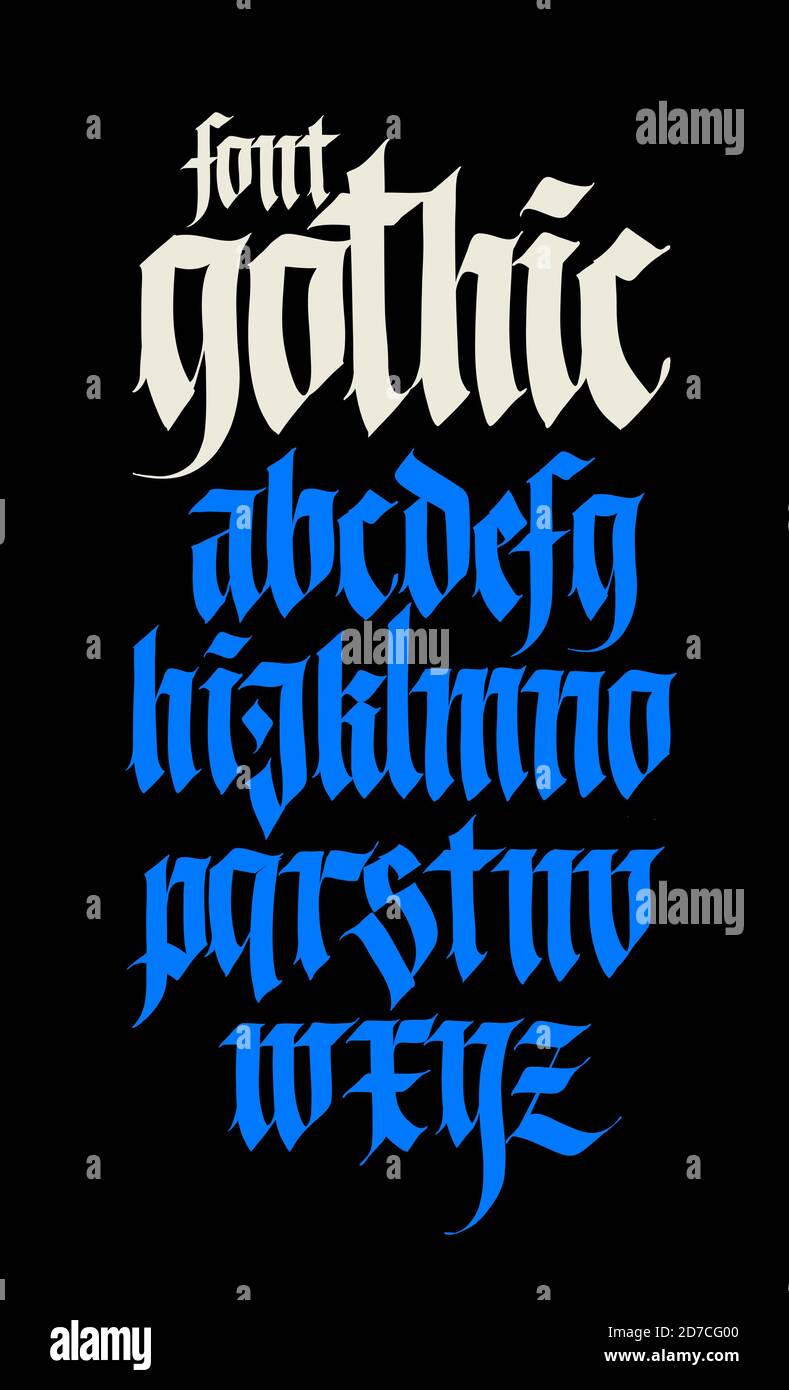 Alfabeto gotico. Vettore. Gotico moderno. Nero lettere calligrafico su sfondo giallo. Tutte le lettere sono separati. Latino medievale lettere. Antica G Illustrazione Vettoriale