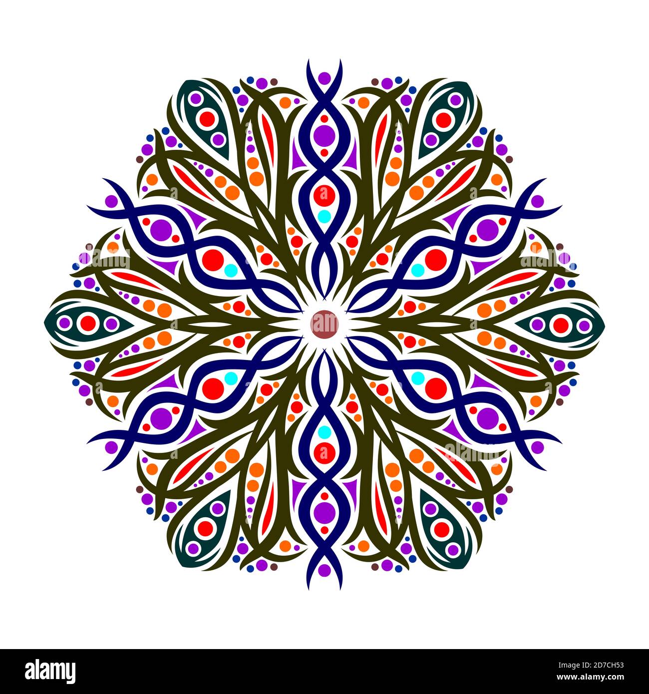 Si tratta di un'opera di arte mandala fatta nel modo più dettagliato possibile e combinata con colori fariatici per creare la massima forma. File in formato eps. Foto Stock