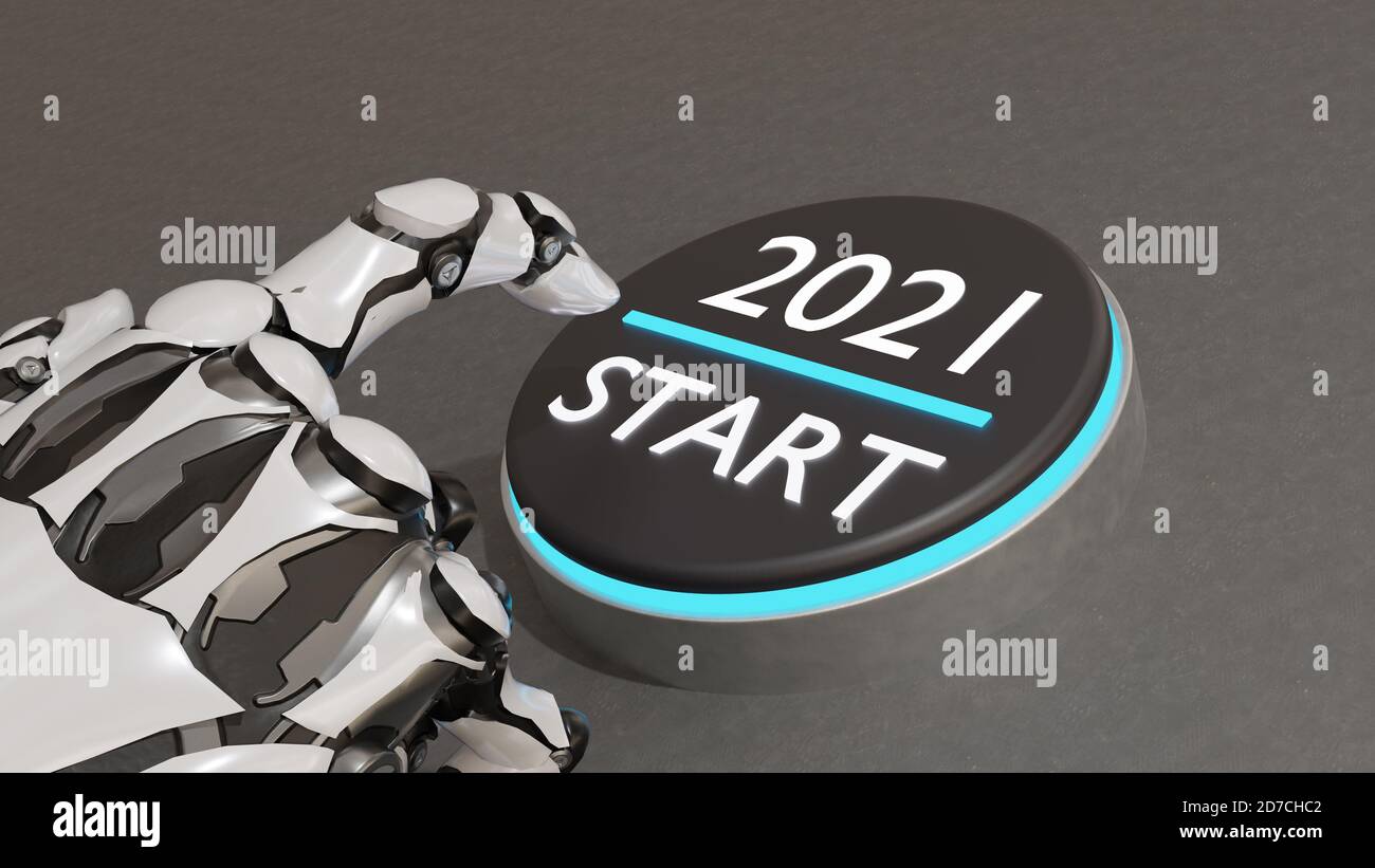 rendering 3d e intelligenza artificiale mano provare a spingere l'avvio 2021 pulsante Foto Stock