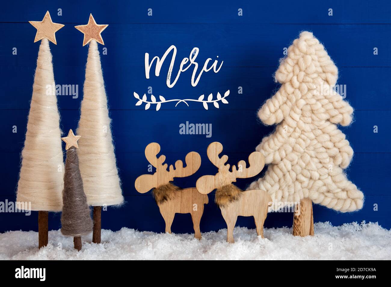 Albero di Natale, Moose, neve, merci significa grazie Foto Stock