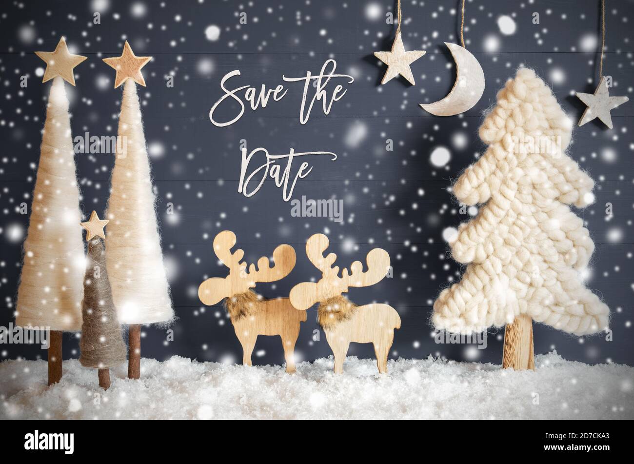 Albero di Natale, Moose, Luna, Stelle, neve, testo Salva la data, fiocchi di neve Foto Stock