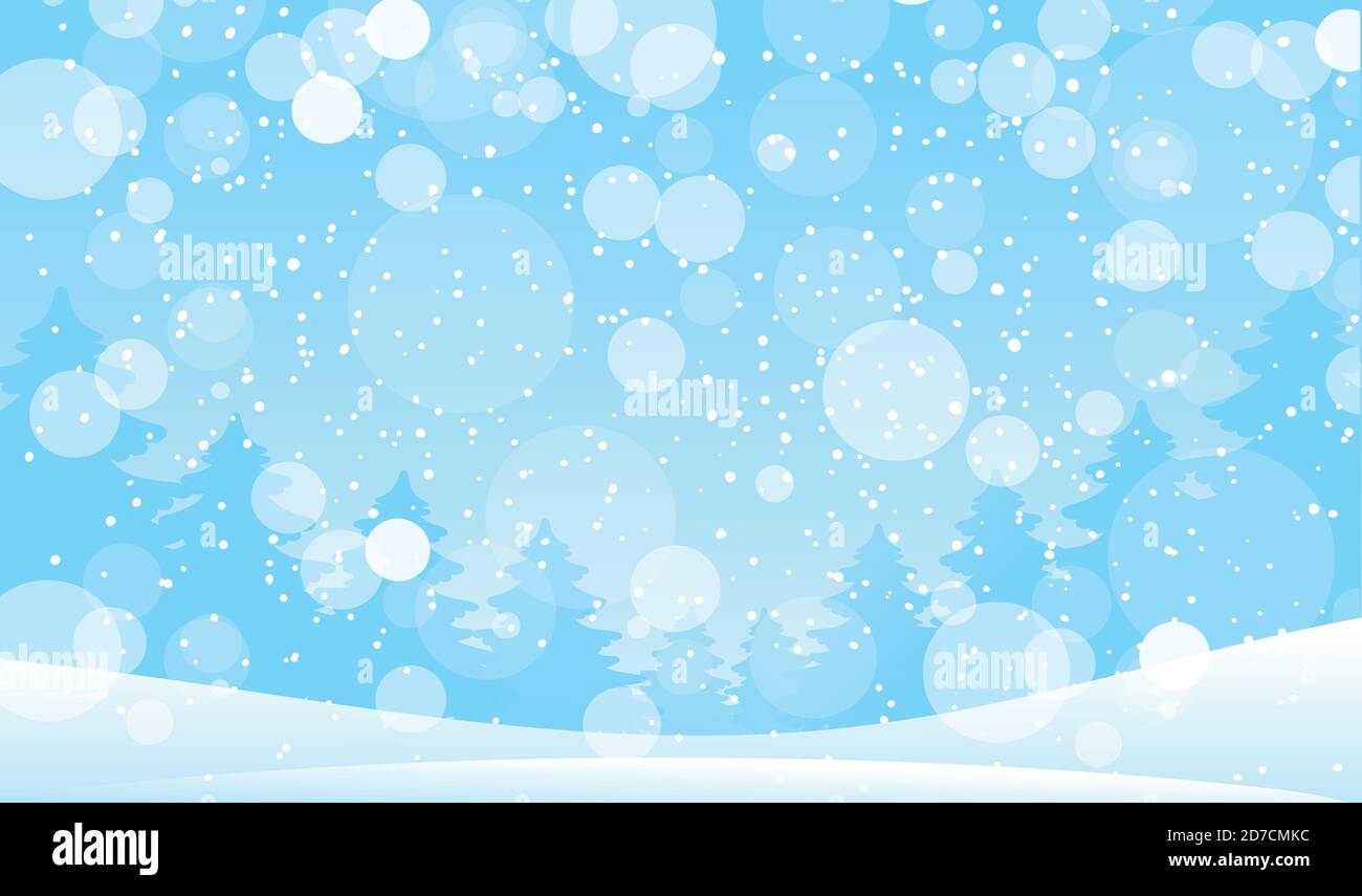 La magia delle nevicate nella foresta. Sfondo moderno per Capodanno e Natale. Illustrazione vettoriale nel disegno del cartone animato. Paesaggio invernale con neve e fiocchi di neve Illustrazione Vettoriale