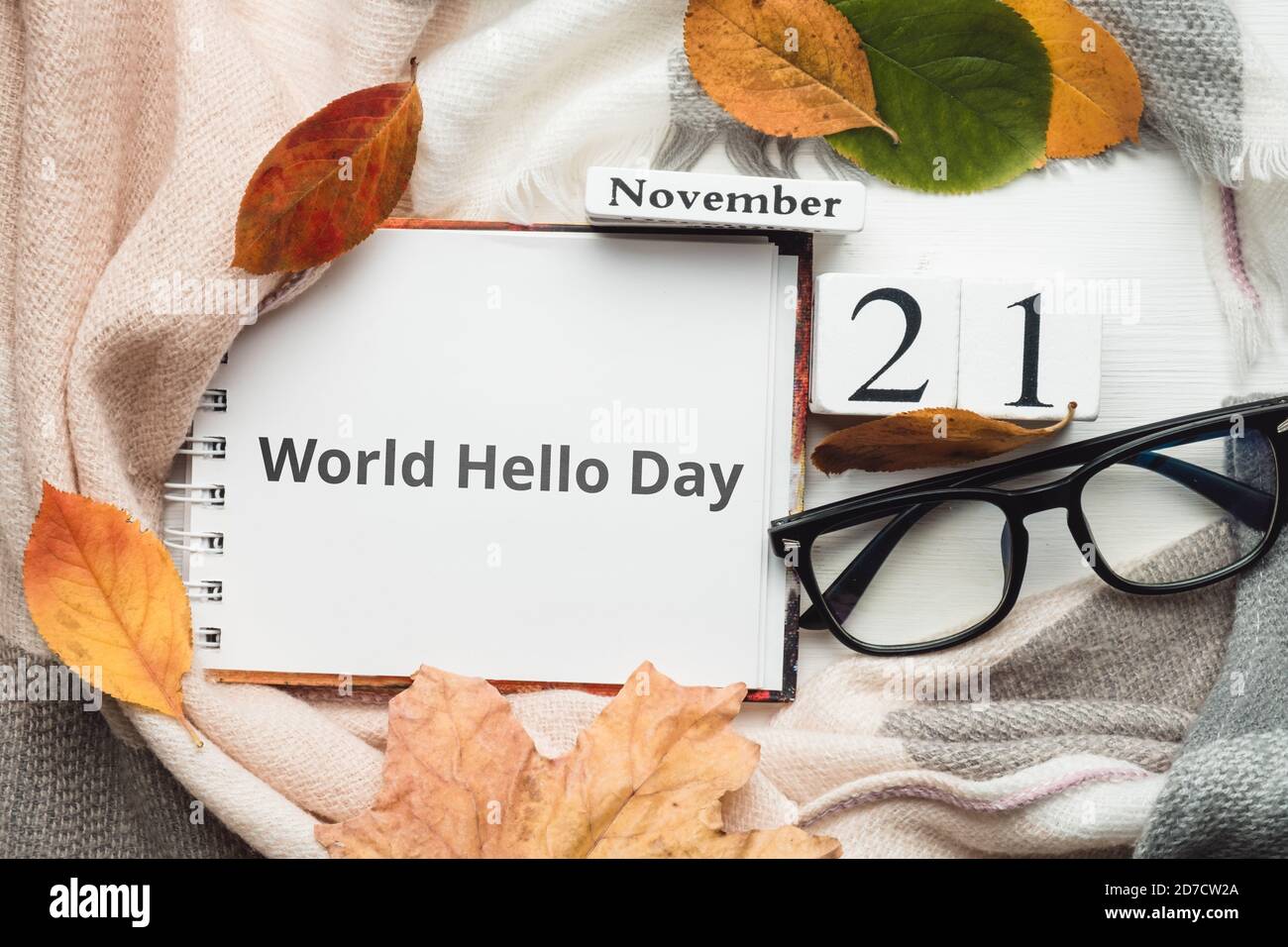 Mondo Ciao giorno di autunno mese calendario novembre. Foto Stock