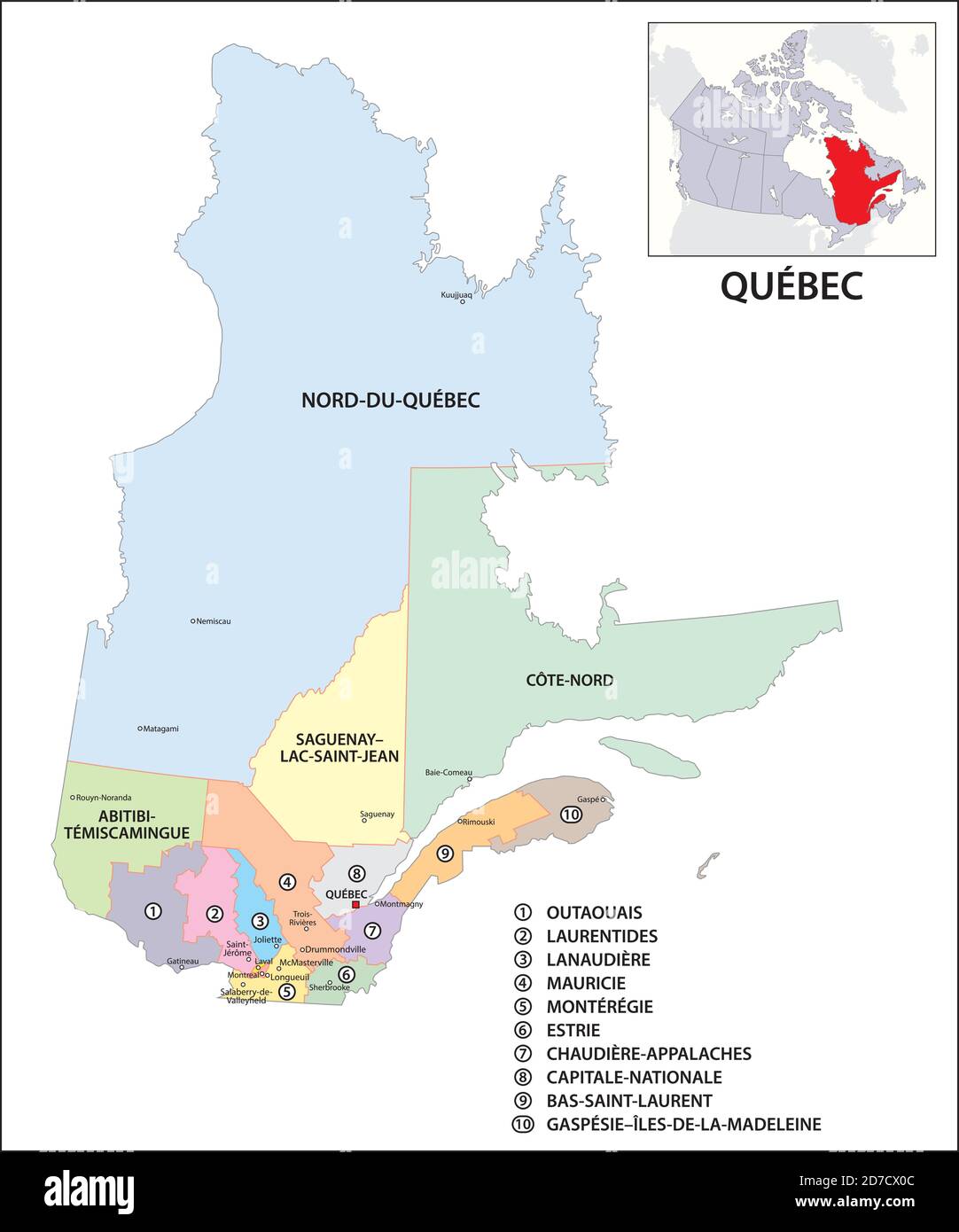 Mappa amministrativa vettoriale della provincia canadese del Québec Illustrazione Vettoriale