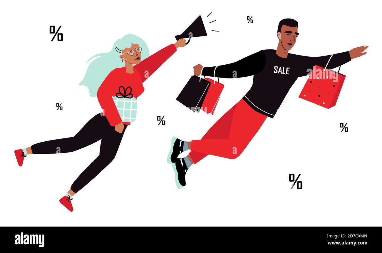 Un uomo e una donna con pacchetti Fly Shopping Illustrazione Vettoriale