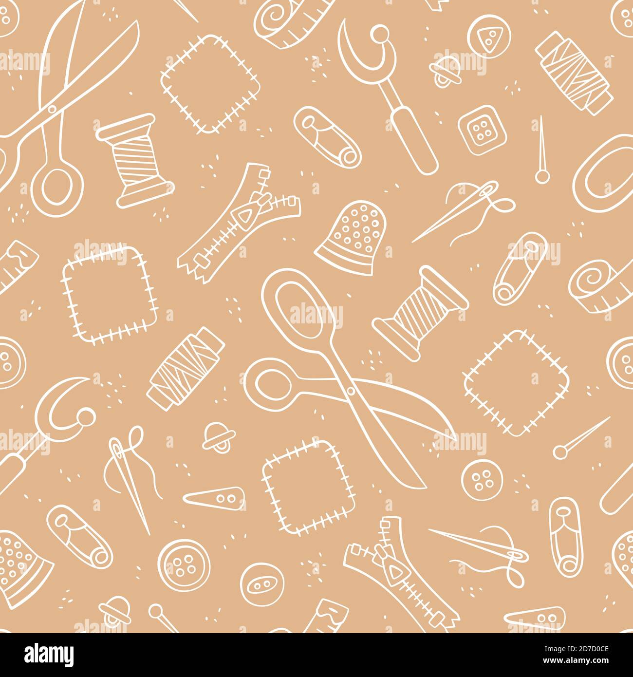 Attrezzi e accessori per cucire e per l'ago. Motivo senza cuciture in stile doodle e cartoni animati. Illustrazione Vettoriale