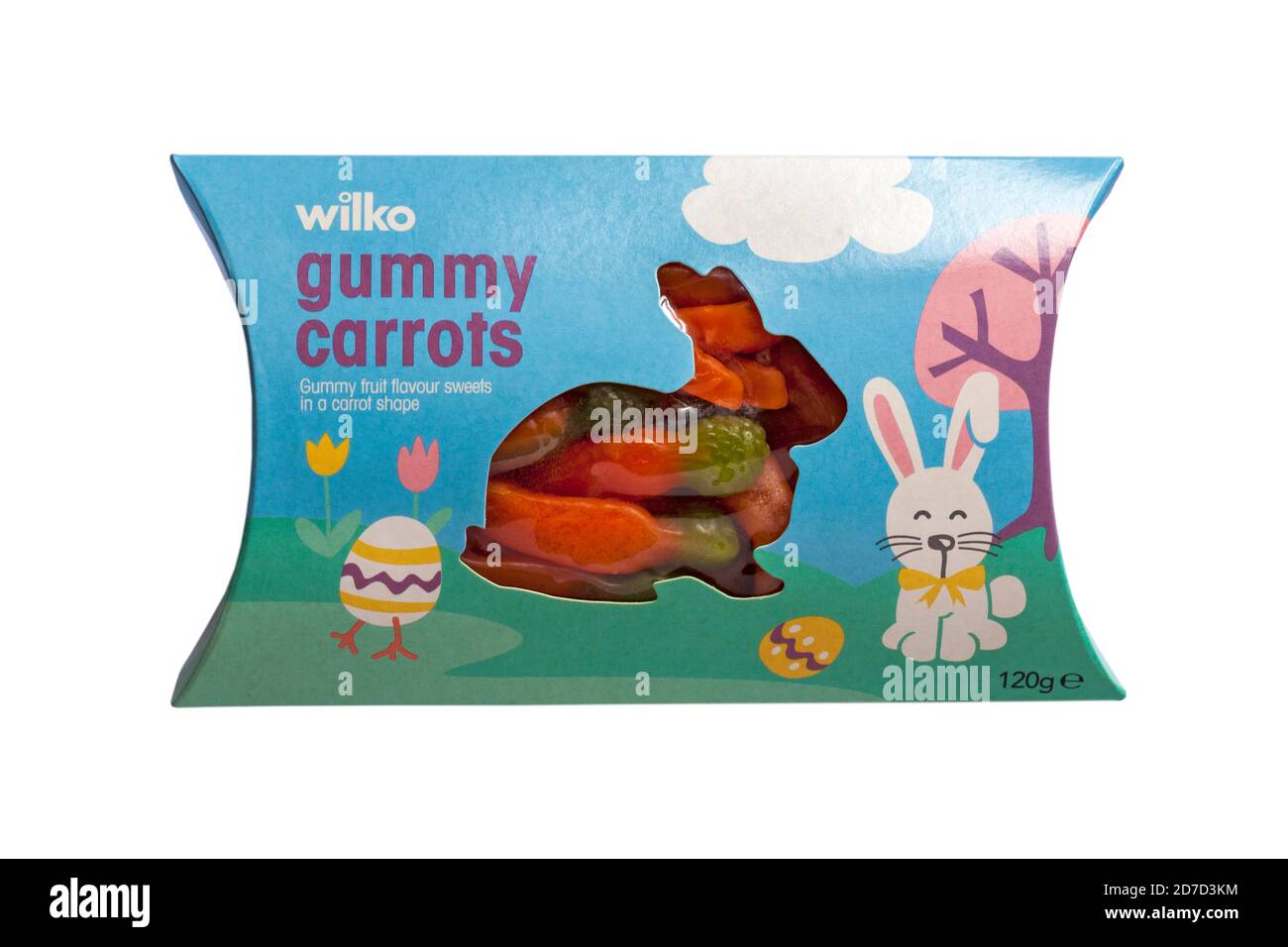 Pacchetto di carote gommoso Wilko isolato su sfondo bianco - caramelle al gusto di frutta gummia a forma di carota Foto Stock