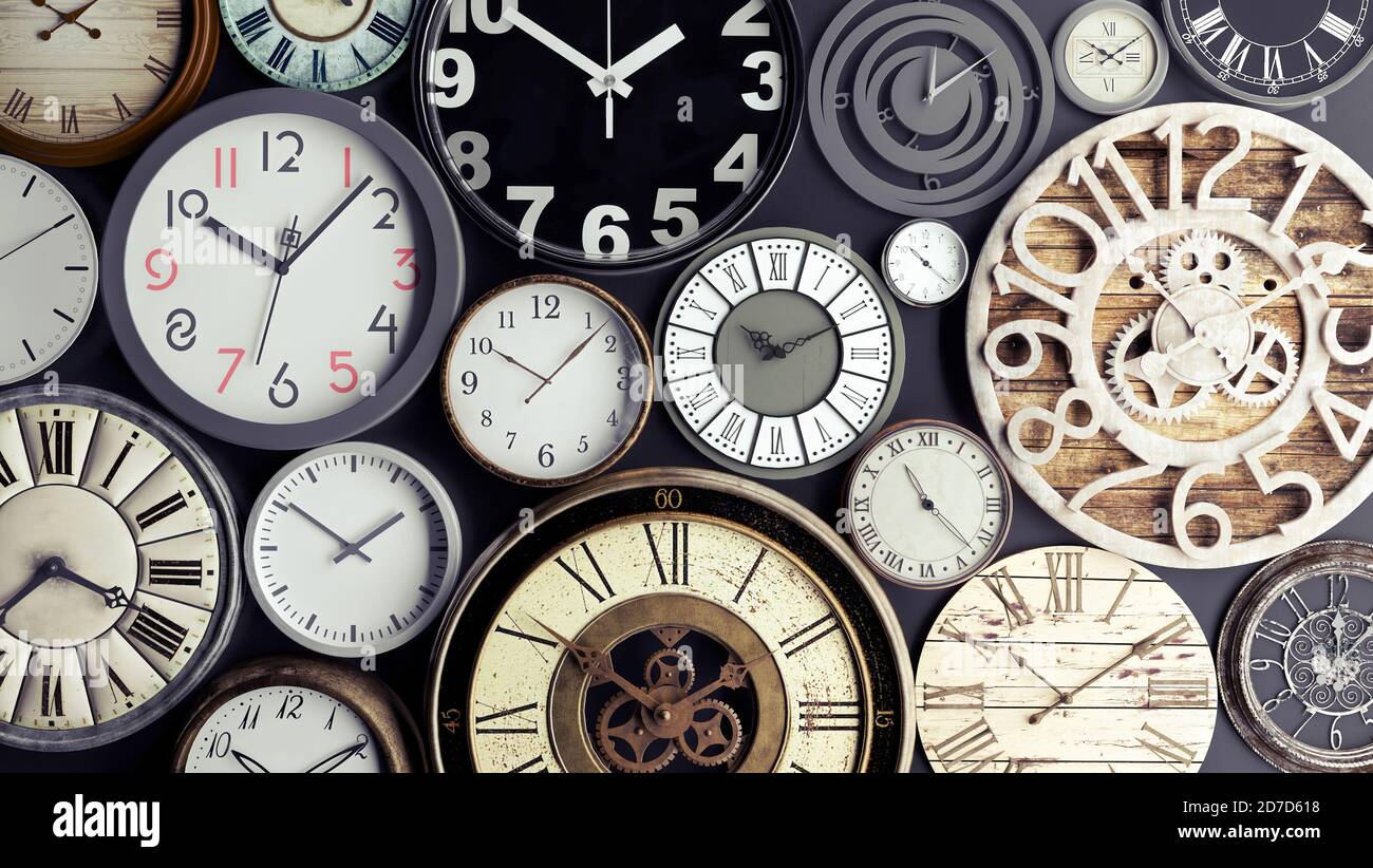 Concetto di tempo, insieme di orologi 3d rendering illustrazione 3d Foto Stock