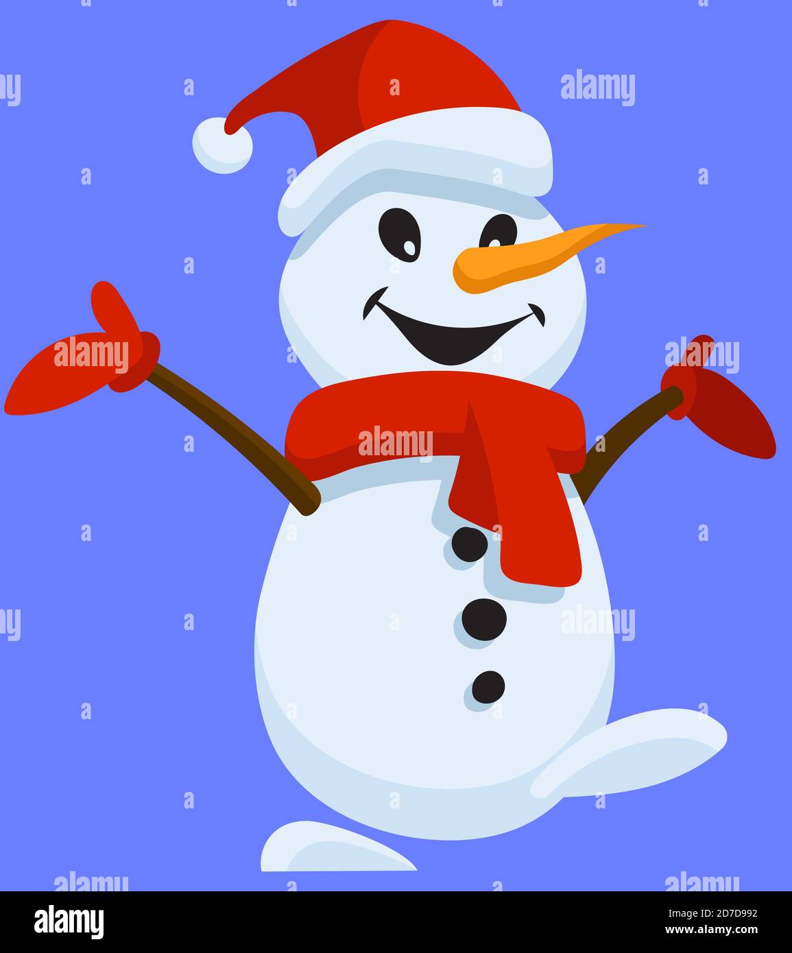 Felice pupazzo di neve in stile cartoon. Divertente personaggio di Natale. Illustrazione Vettoriale