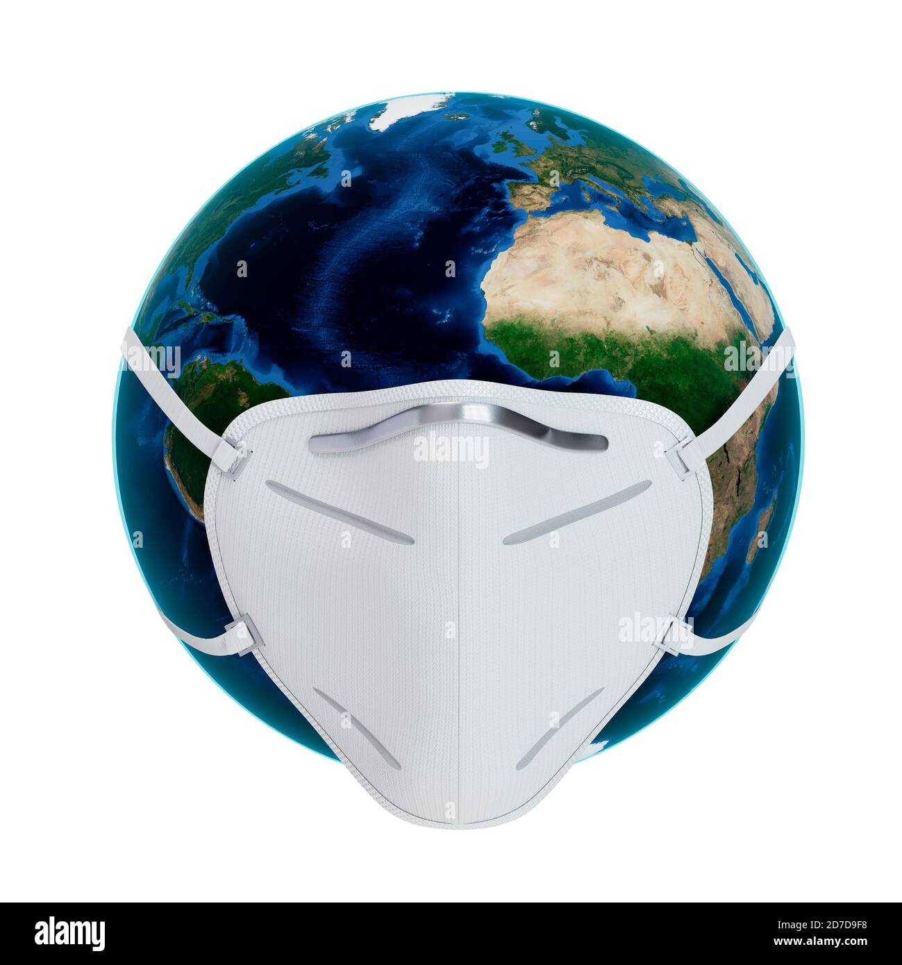 Pianeta Terra con maschera di inquinamento facciale isolata su sfondo bianco. Illustrazione 3D Foto Stock