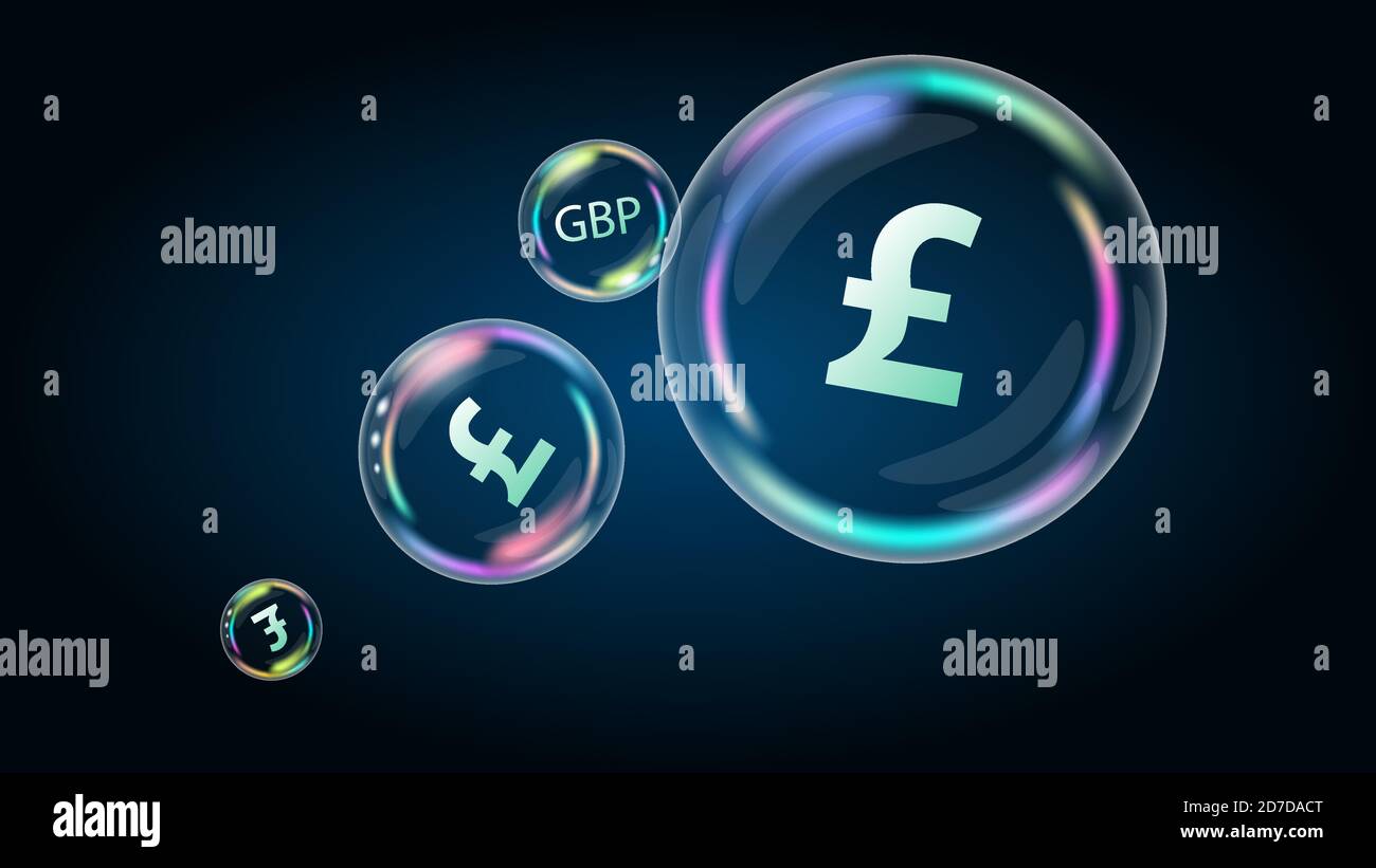 Libbra Sterlina GBP moneta simbolo in bolla di sapone. L’economia americana è gonfia e scoppiata. La piramide finanziaria sarà distrutta. Vettore EPS10. Illustrazione Vettoriale