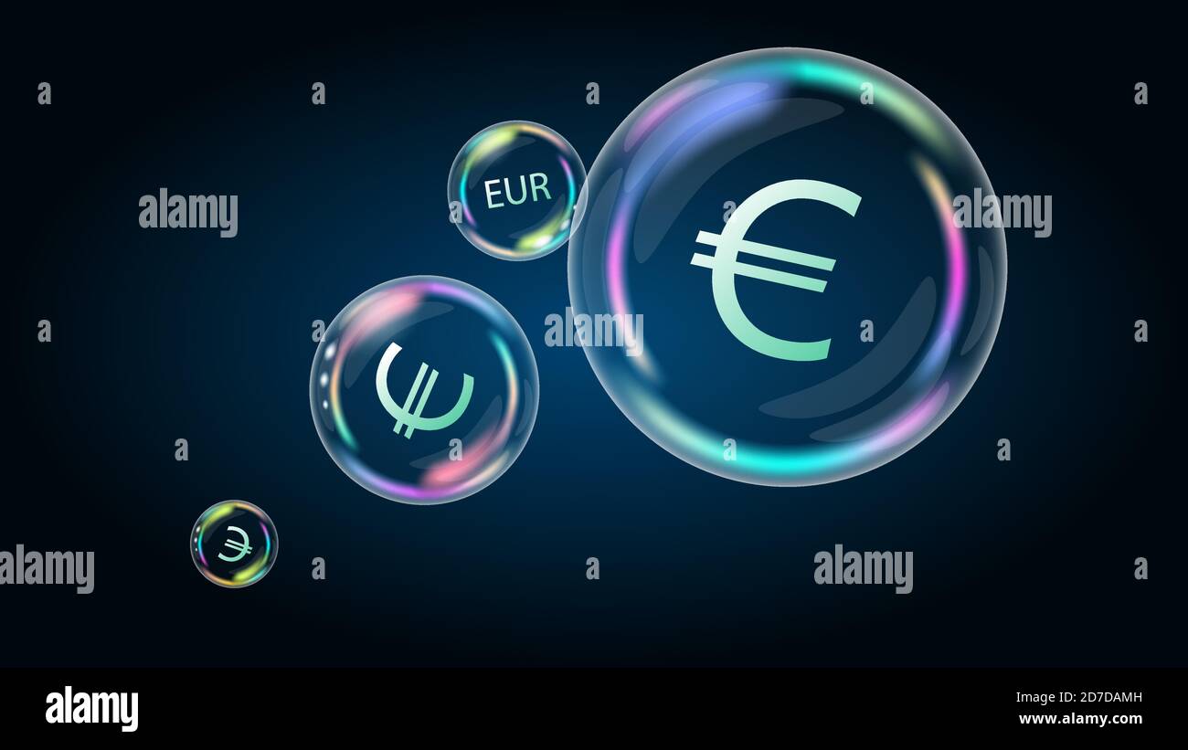 Simbolo moneta euro EUR nella bolla del sapone. L’economia americana è gonfia e scoppiata. La piramide finanziaria sarà distrutta. Vettore EPS10. Illustrazione Vettoriale