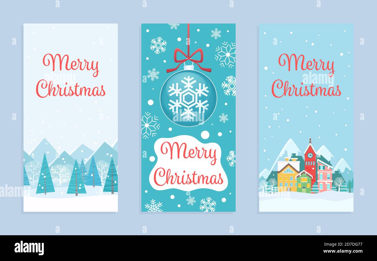 Allegro biglietto d'auguri natalizio insieme di illustrazioni vettoriali. Cartoon scandinavo stile Xmas alberi geometrici, Natale case colorate tradizionali sotto la neve, fiocchi di neve nella collezione di vacanze invernali Illustrazione Vettoriale