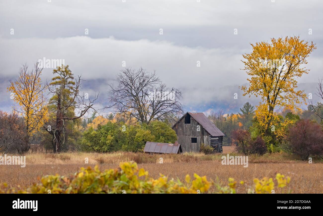 Un vecchio fienile abbandonato in un cortile di fattoria a Dunrobin, Canada Foto Stock