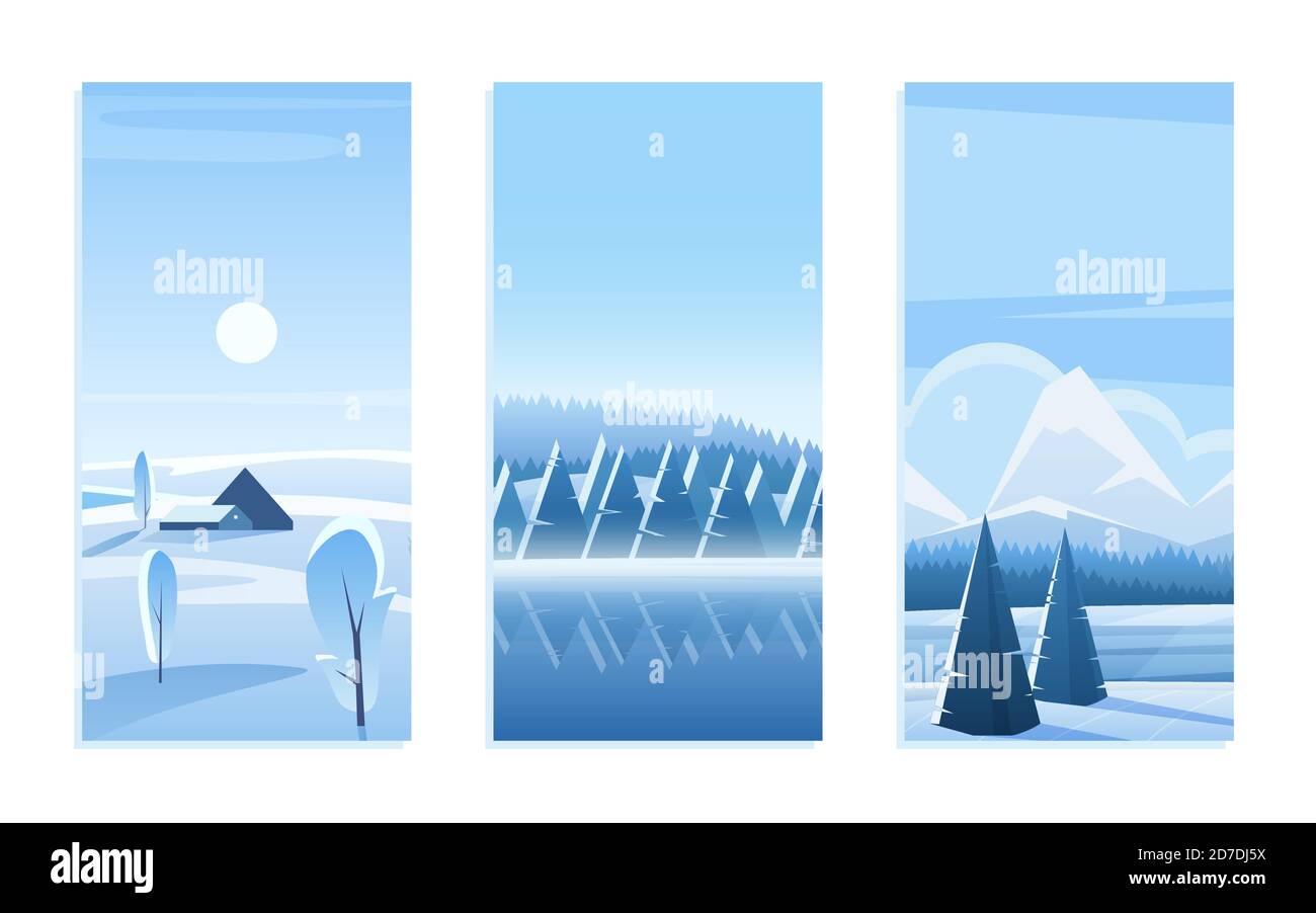 Set di illustrazioni vettoriali per biglietti d'auguri per il paesaggio natalizio. Cartoon carino boschi gelo con pini geometrici sotto la neve, montagne blu pianeggianti all'orizzonte, neve raccolta paesaggio bosco invernale Illustrazione Vettoriale