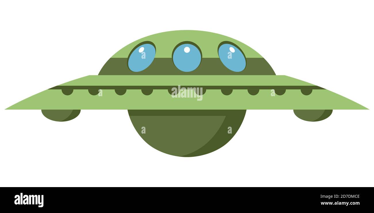 Piatto volante in stile cartone animato. UFO isolato su sfondo bianco. Illustrazione Vettoriale