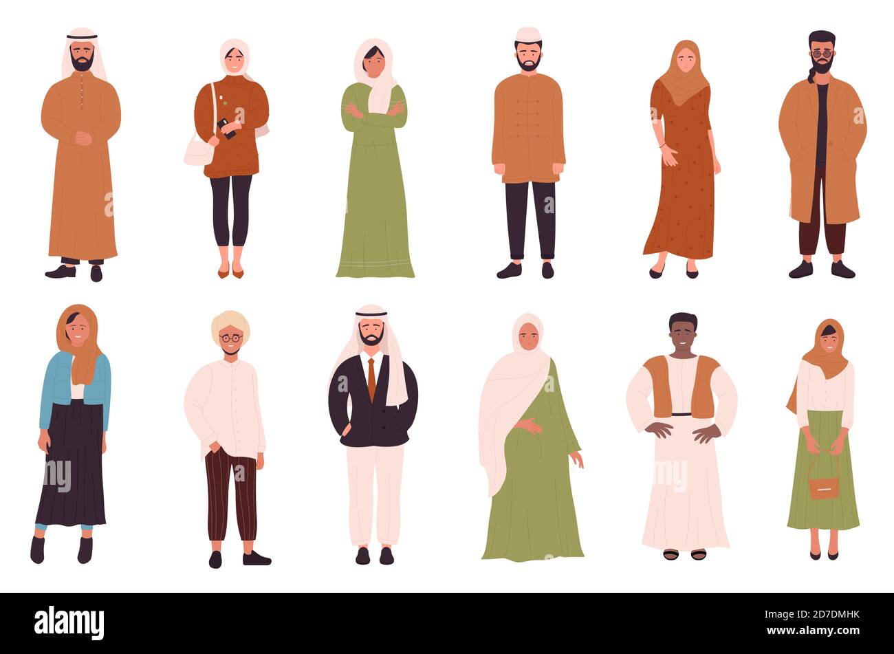 Musulmani persone insieme di illustrazione vettoriale. Cartoon piano felice uomo musulmano donna personaggi in diversi vestiti in piedi insieme in fila, religioso islamico giovani collezione isolato su bianco Illustrazione Vettoriale