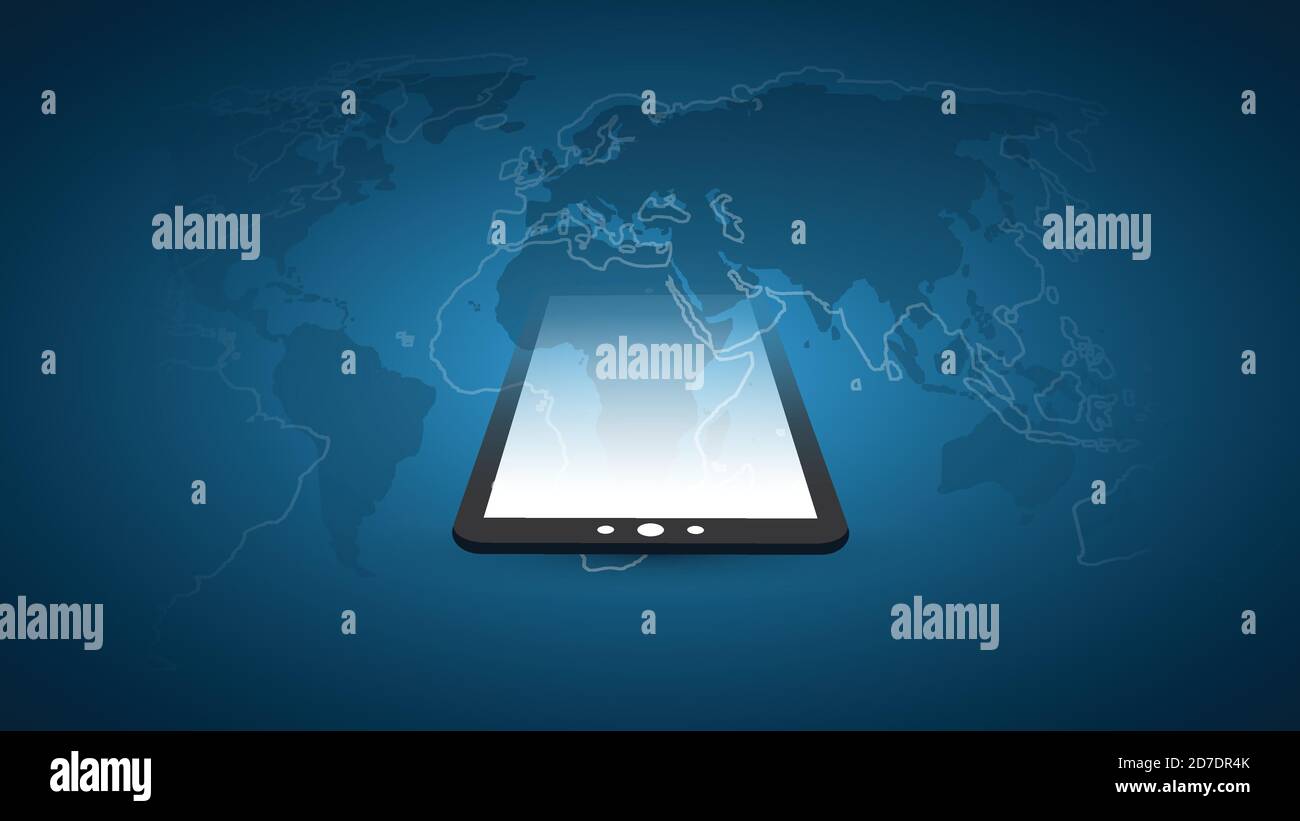 Dark Blue Global Digital Network Connections, Mobile Technology e Cloud Computing Design Concept con World Map Illustrazione Vettoriale