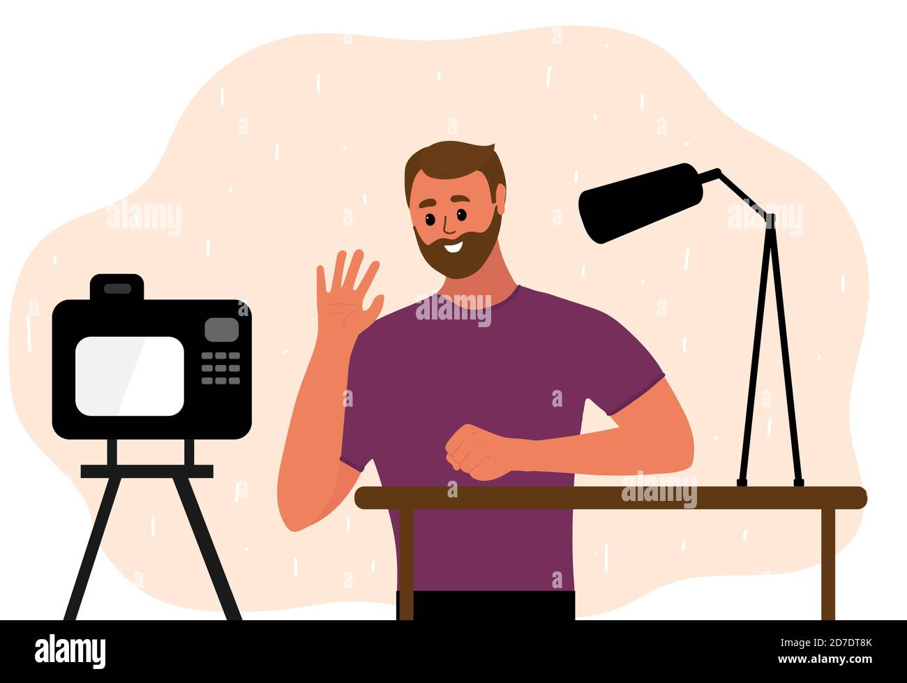 uomo blogger fare video tutorial. maschio podcaster che parla con la fotocamera utilizzando il microfono. Illustrazione vettoriale in stile piatto Illustrazione Vettoriale