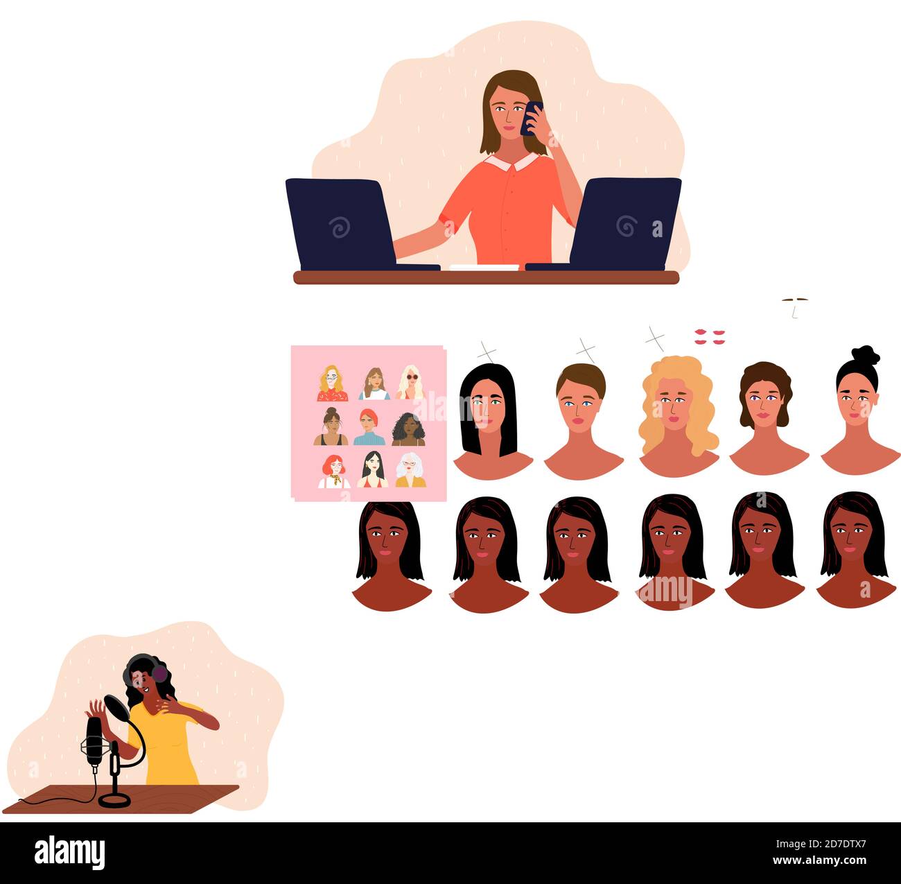 Una donna lavora con due computer portatili e parla al telefono. Concetto di lavoro remoto, freelance, business. Illustrazione vettoriale isolata su sfondo bianco. Illustrazione Vettoriale