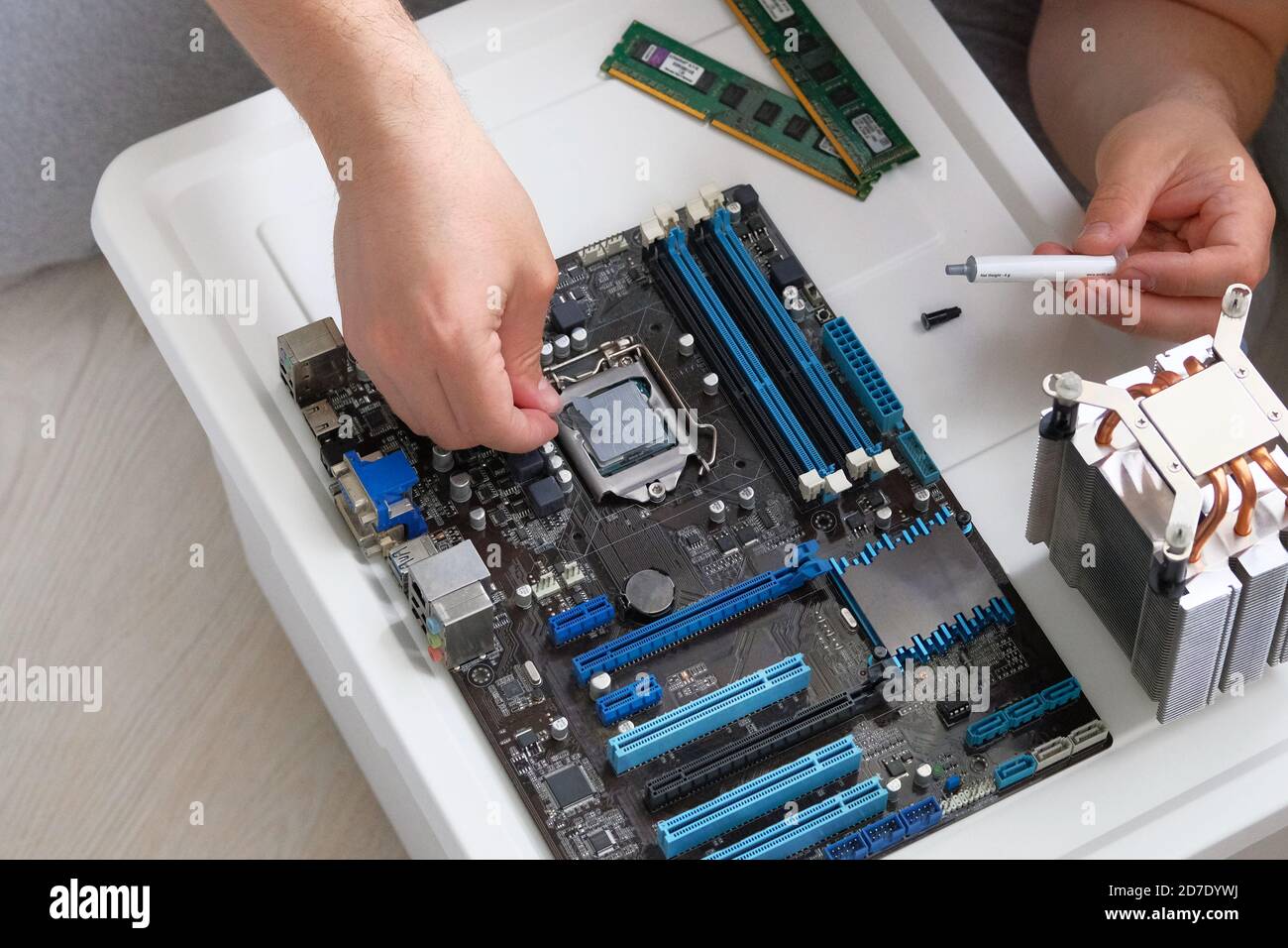 Grasso termico per computer. Pasta termica applicata a mano maschio al processore. Foto Stock