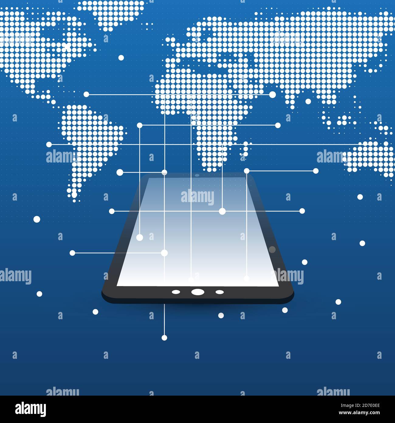 Global Digital Network Connections Design Concept con Mesh e Tablet PC - background tecnologico con Spotted World Map Illustrazione Vettoriale
