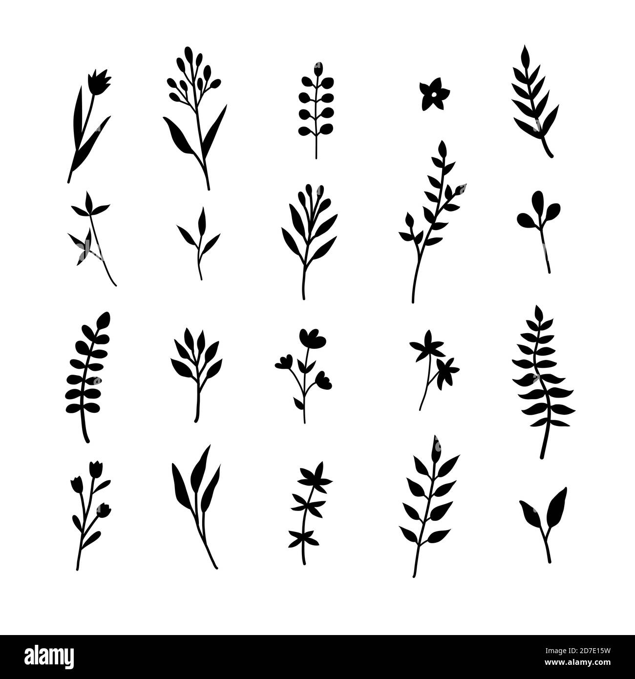 Set di illustrazioni disegnate a mano di foglie verdi, erbe e rami. Clipart botaniche. Elementi di design floreali. Perfetto per inviti di nozze, saluto Illustrazione Vettoriale