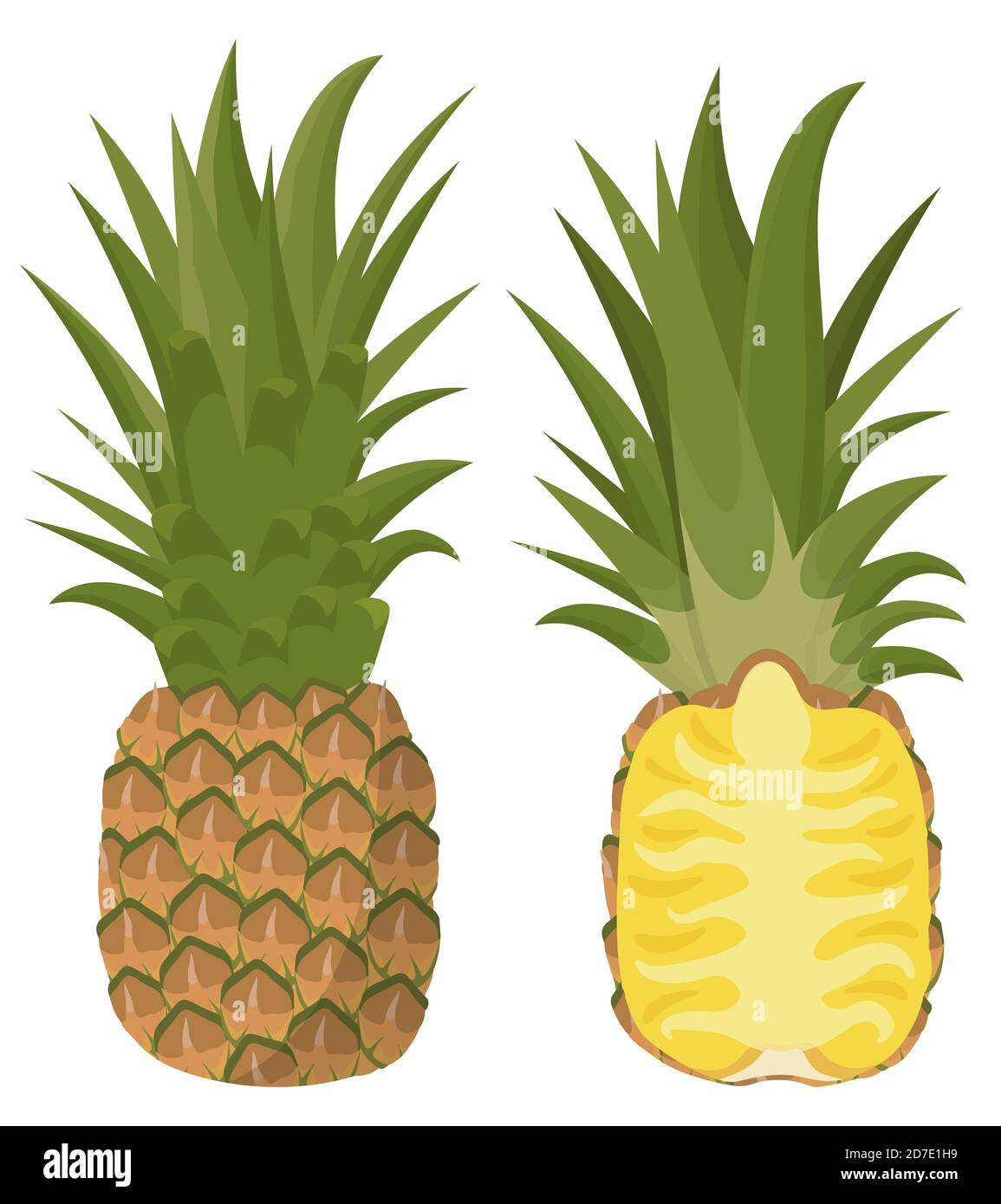 Ananas intero e mezzo. Frutta succosa in stile cartone animato. Illustrazione Vettoriale
