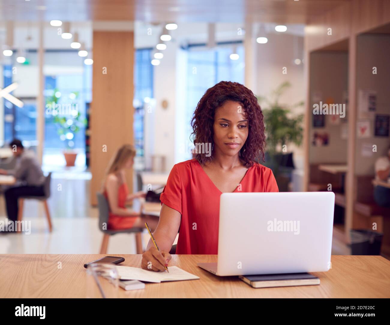 Donna d'affari alla scrivania in un moderno spazio di lavoro con computer portatile Foto Stock