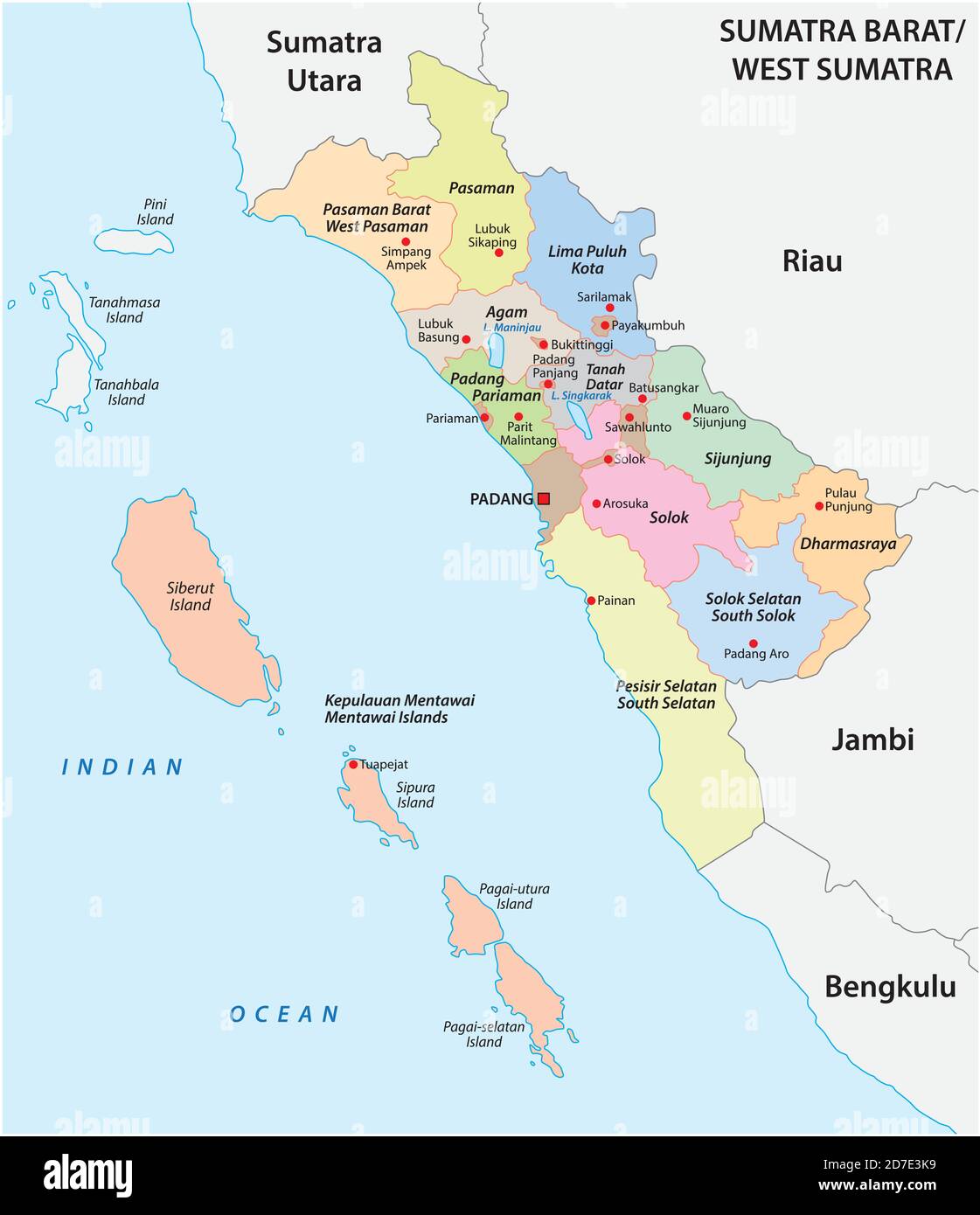 Mappa amministrativa vettoriale della provincia indonesiana di Sumatra Occidentale, Sumatra, Indonesia Illustrazione Vettoriale