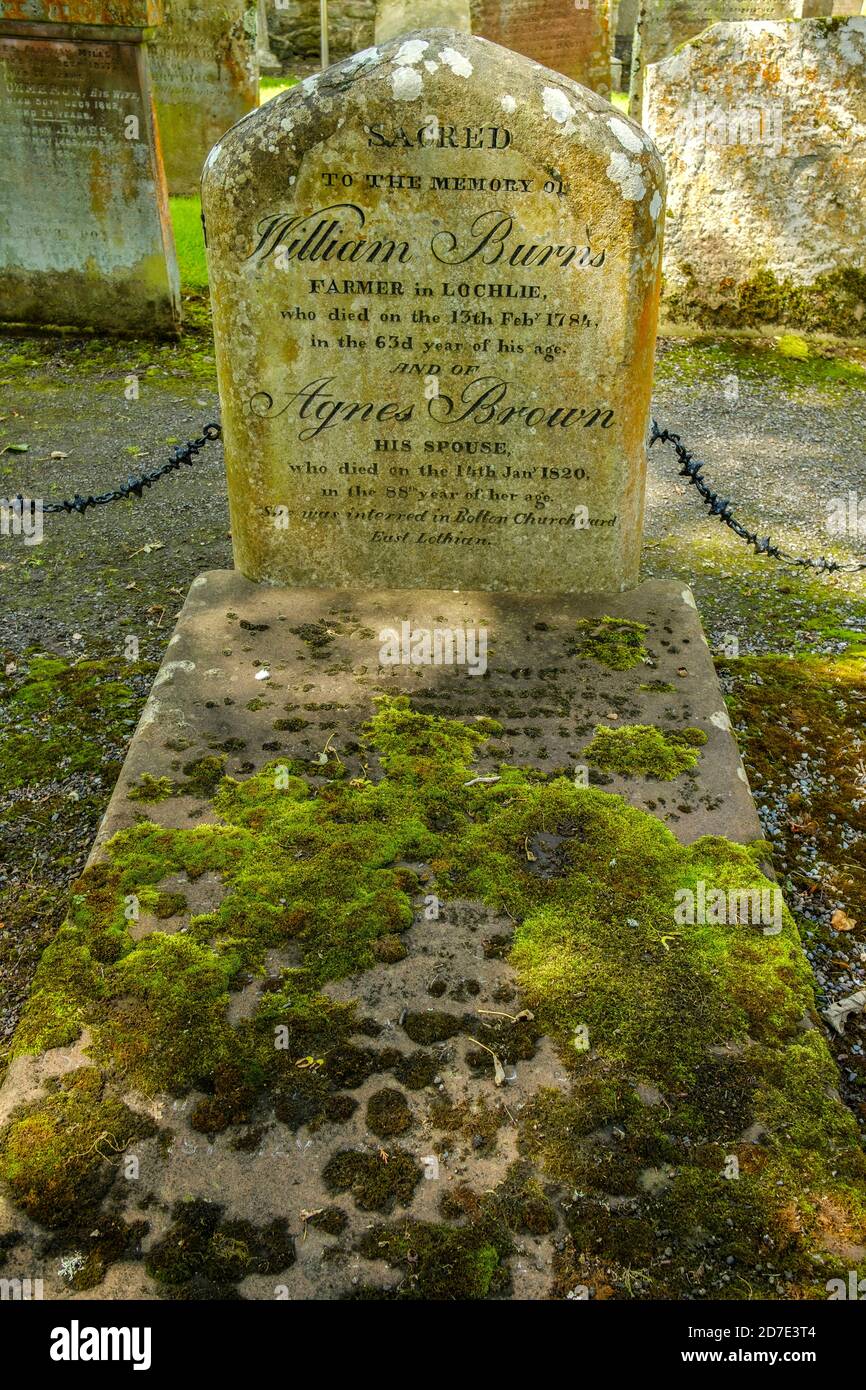 Lapide di William Burns, padre di Robert o Rabbie Burns, in Alloway Auld Kirk (Chiesa Vecchia). Alloway Kirk è stato l'ambientazione di una delle poesie più famose di Burns, 'Tam o' Shanter'. Foto Stock