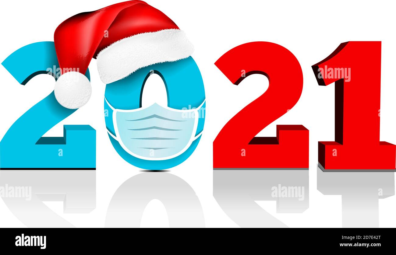 Felice anno nuovo 2021. Figure sotto il cappello di Babbo Natale e maschera mediale viso. Illustrazione vettoriale Illustrazione Vettoriale