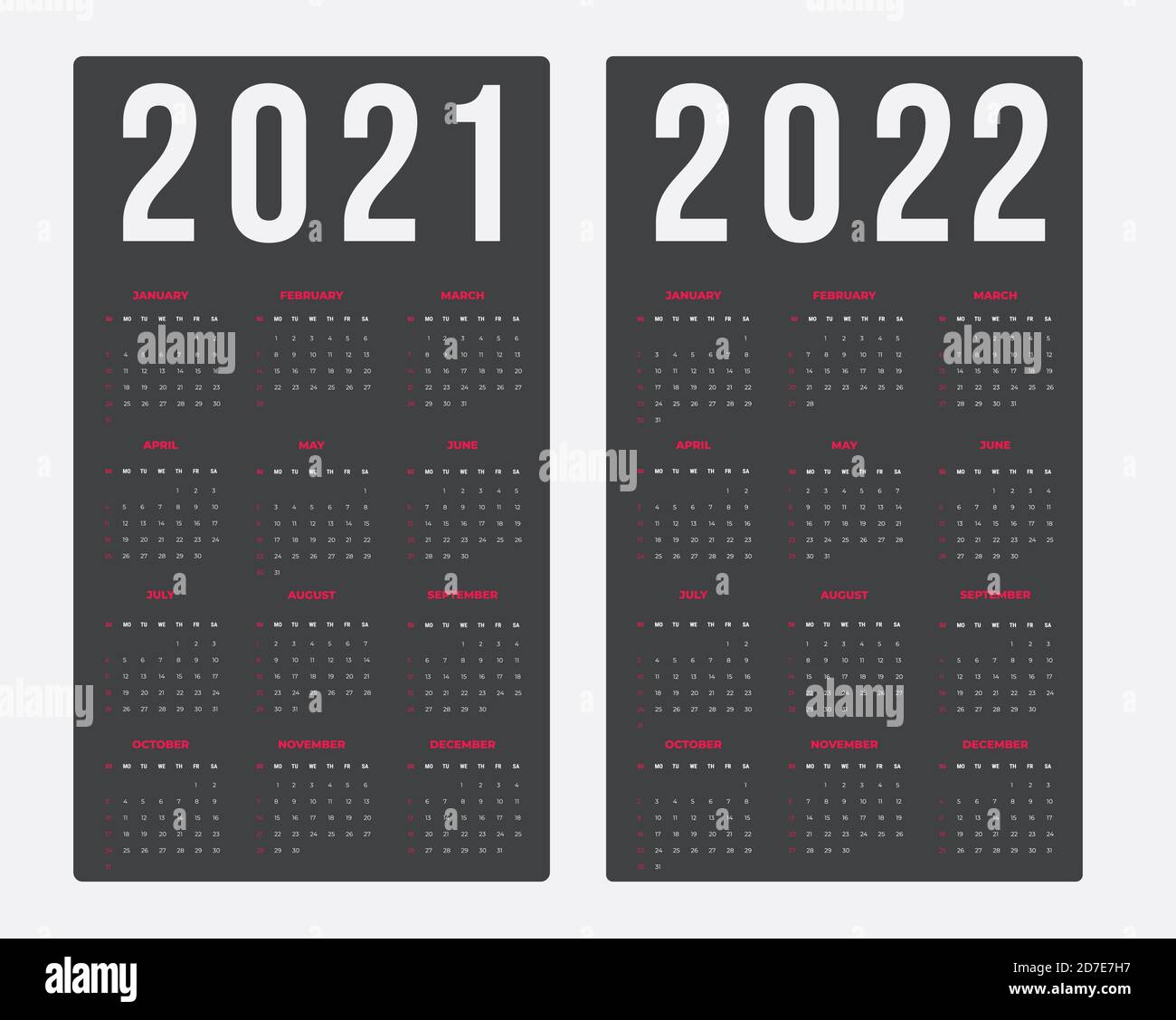 Calendario per 2021-2022 su sfondo scuro. Da domenica a lunedì, modello aziendale Illustrazione Vettoriale
