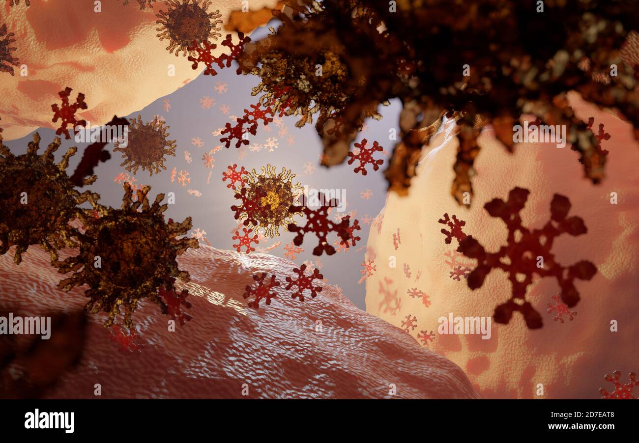 Risposta immunitaria ad un antigene (virus o patogeno) mediante rilascio di immunoglobulina M (IgM), qui colorata in rosso e con una struttura pentamerica (fiocco di neve Foto Stock