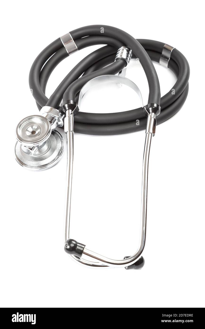 Stetoscopio per strumenti medici isolato su sfondo bianco. Foto Stock