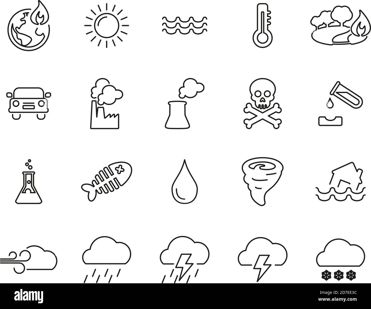 Icone di riscaldamento globale Set di linee sottili bianco e nero Grande Illustrazione Vettoriale