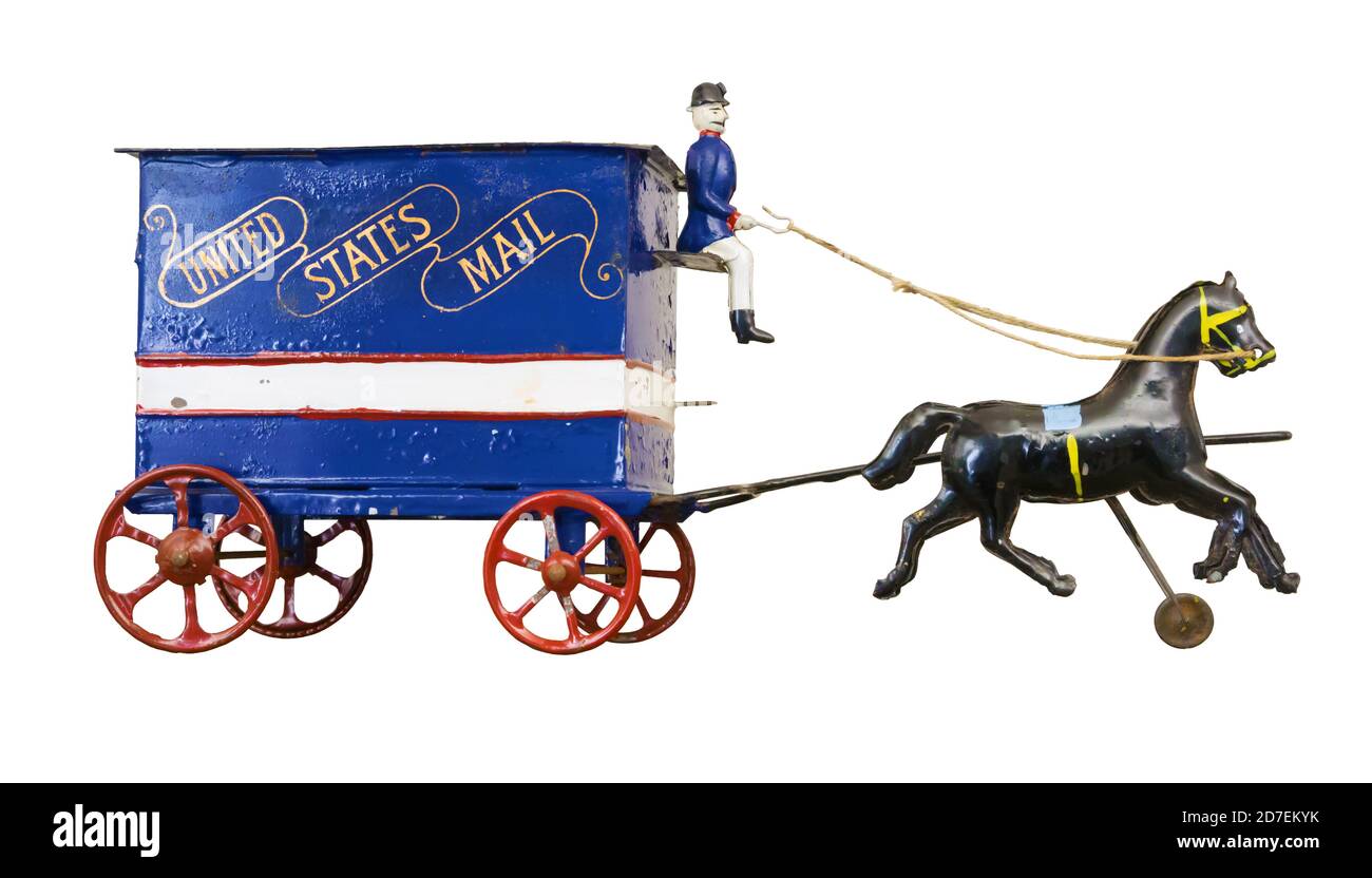 Vecchio giocattolo di stagno, carrello trintrainato di posta degli Stati Uniti Foto Stock Vecchio giocattolo di stagno, carrello trintrainato di posta degli Stati Uniti Foto Stock