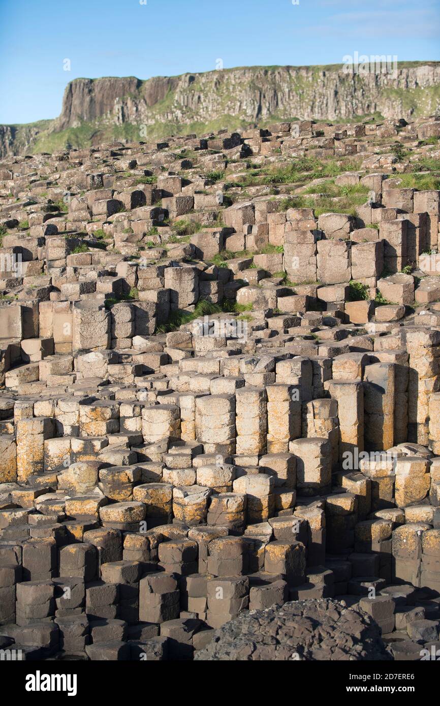 Giant's Causeway, un sito patrimonio dell'umanità dell'UNESCO costituito da circa 40,000 colonne di basalto situate sulla costa di Antrim, Irlanda del Nord, Regno Unito Foto Stock