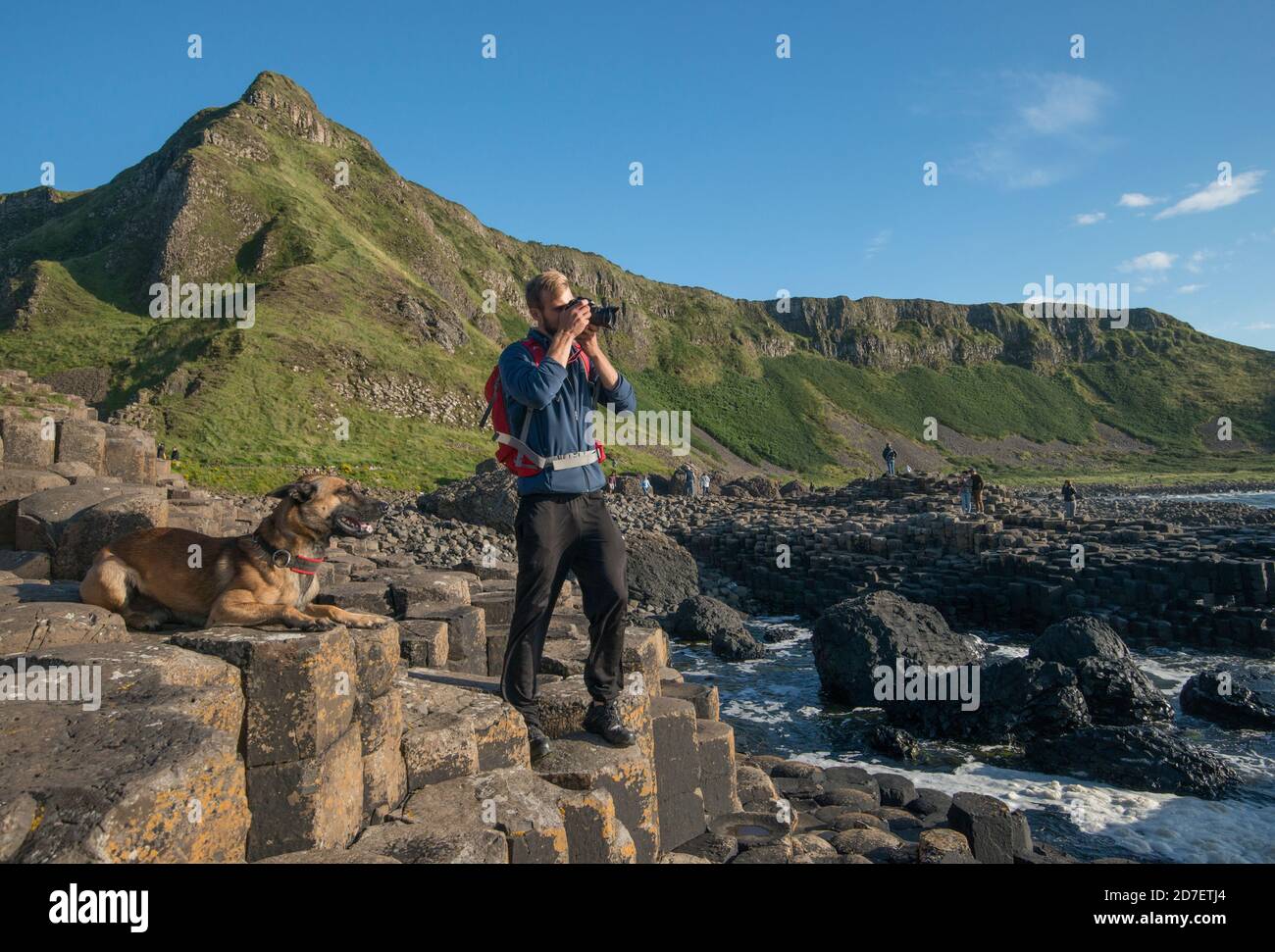 Un giovane e il suo cane esplorano il Selciato del Gigante nell'Irlanda del Nord, Regno Unito Foto Stock