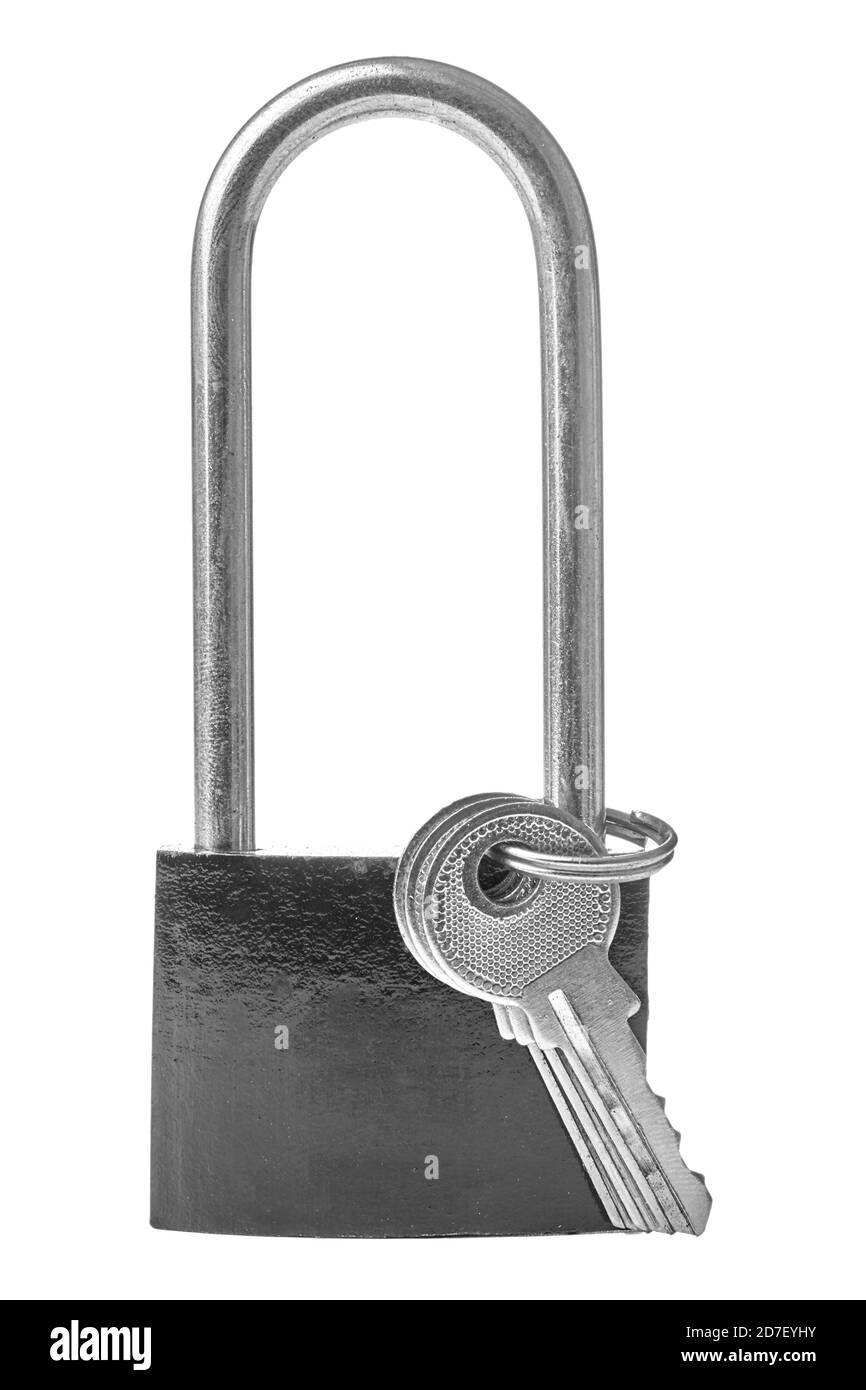 Lucchetto nero isolato su sfondo bianco. Primo piano Foto Stock