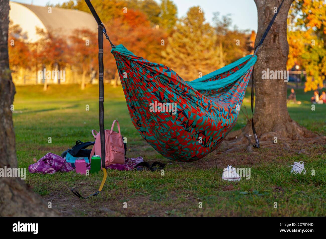 Una scena autunnale in un parco con un'amaca colorata tra gli alberi e qualcuno sta dormendo in esso. Uno zaino rosa, sneakers, bevande in scatola sono scatte Foto Stock